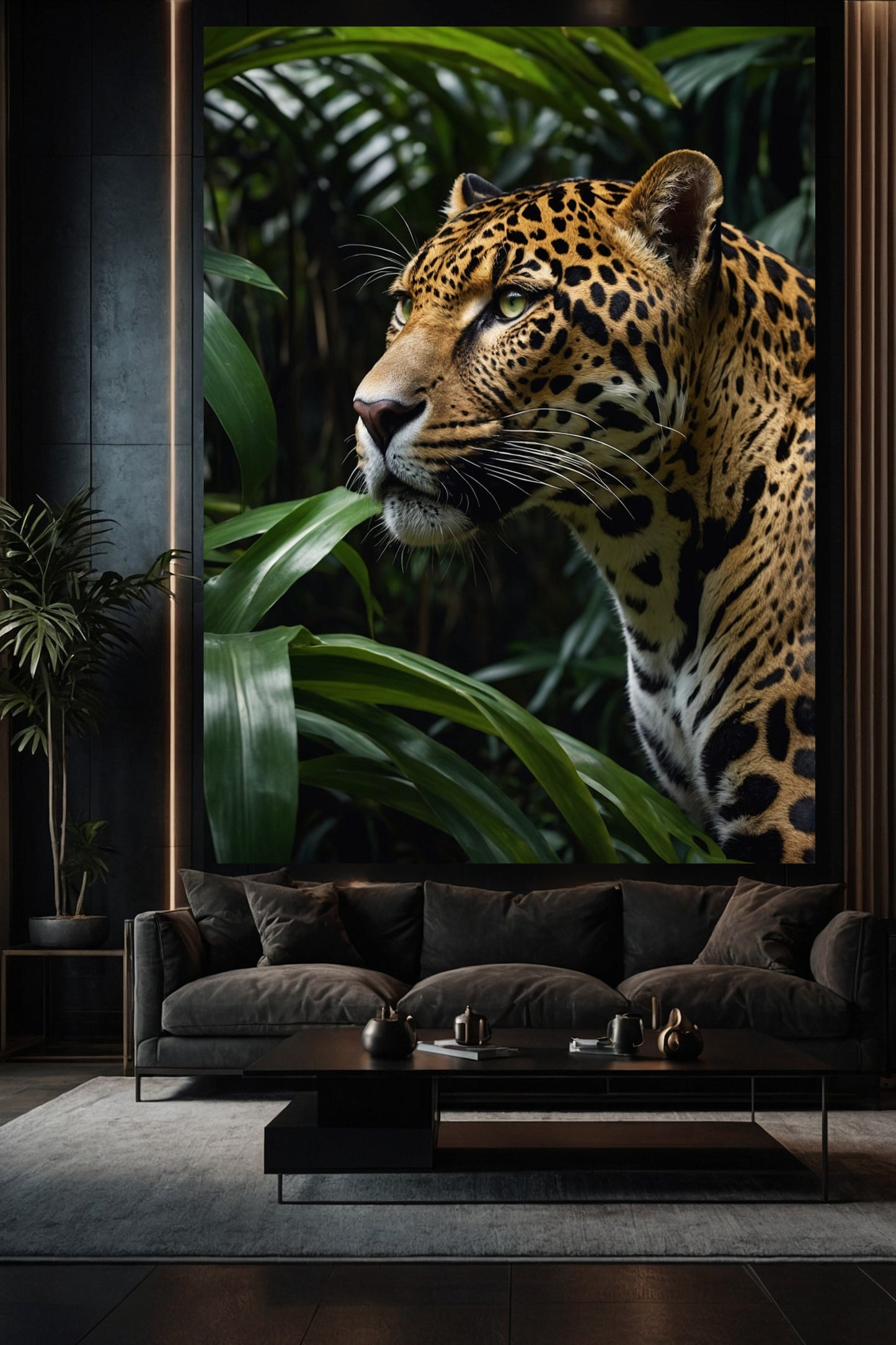 Leopard Leinwand in elegantem Wohnzimmer über Sofa mit dunkler Wand