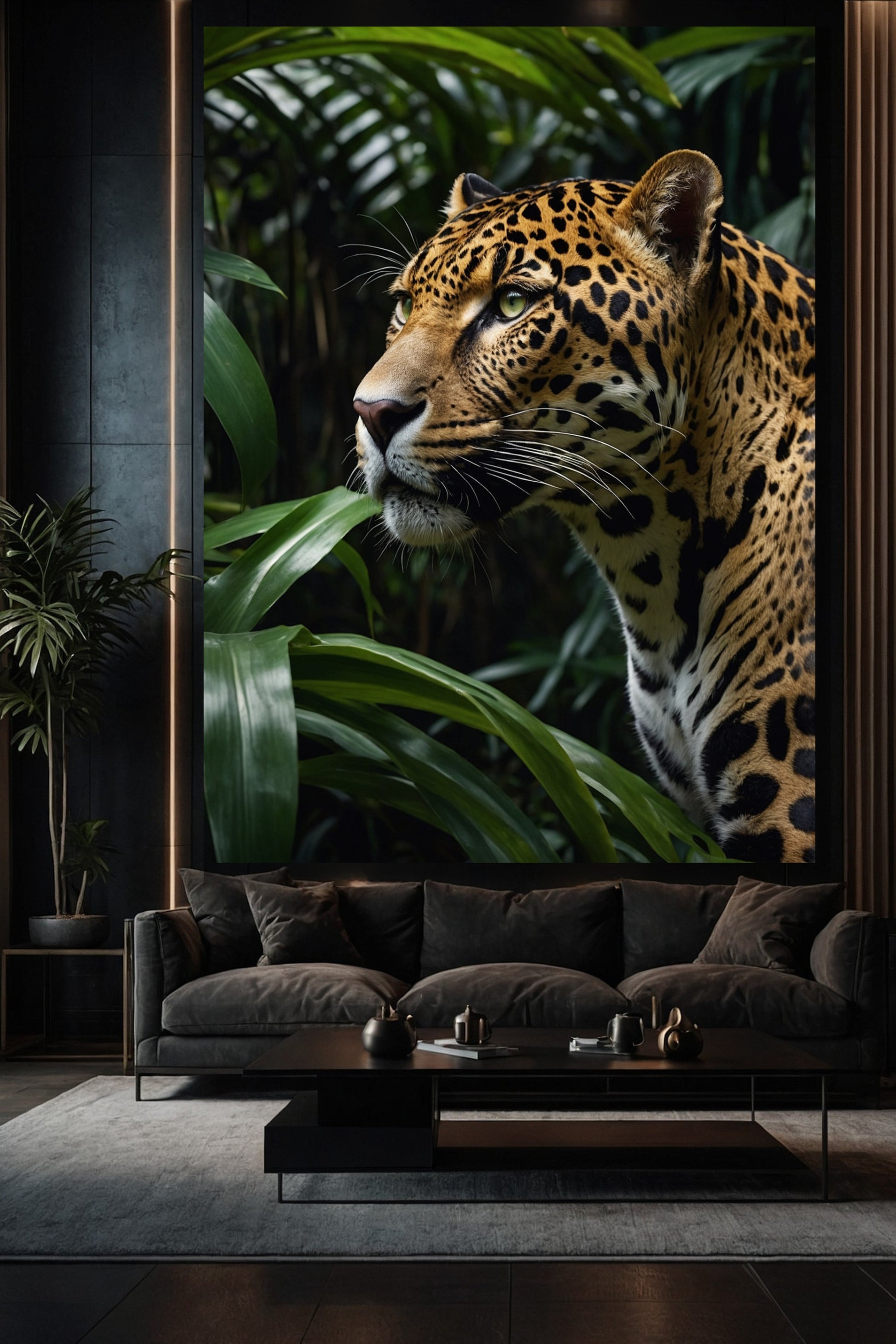 Leopard Leinwand in elegantem Wohnzimmer über Sofa mit dunkler Wand