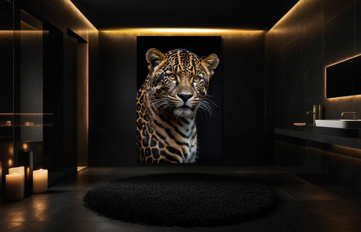 Leopard Leinwand in stilvollem Badezimmer mit dunkler Wand und warmer Beleuchtung