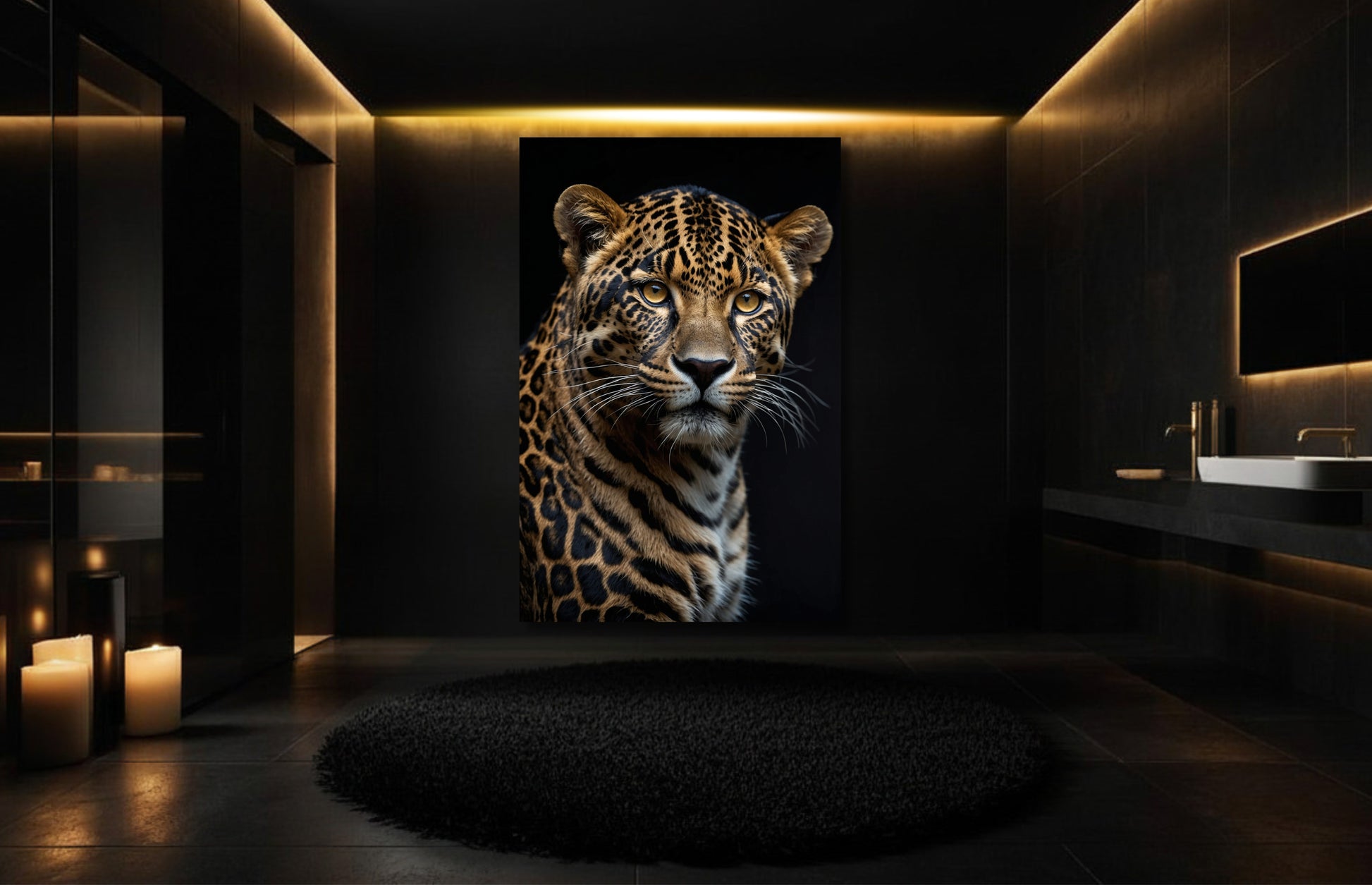 Leopard Leinwand in stilvollem Badezimmer mit dunkler Wand und warmer Beleuchtung