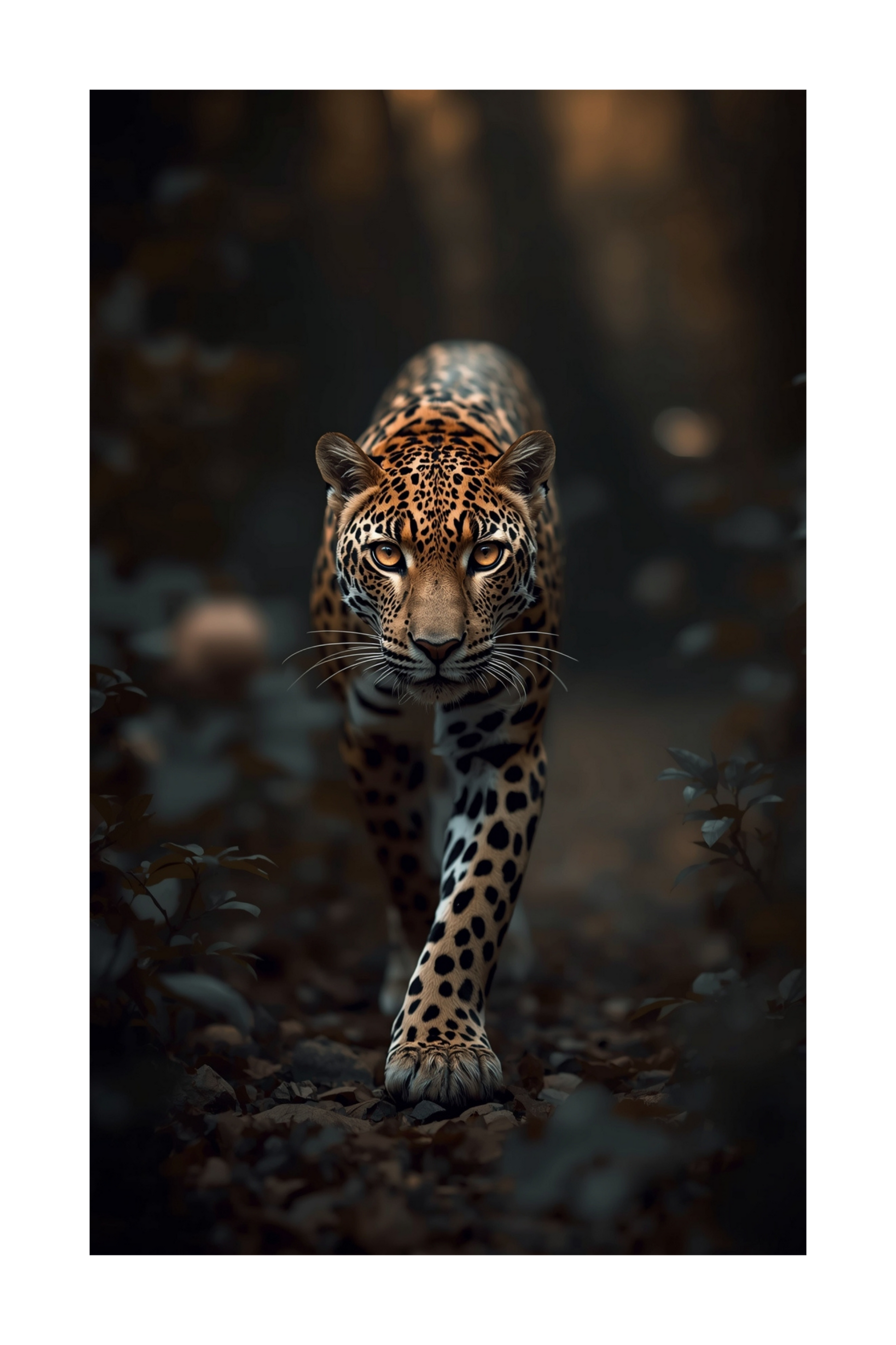 Freigestelltes Leopard-Motiv mit frontalem Blick für exklusive Wandkunst auf Leinwand. Detailreiche Fellstruktur und warme Lichtstimmung betonen die elegante und kraftvolle Ausstrahlung.