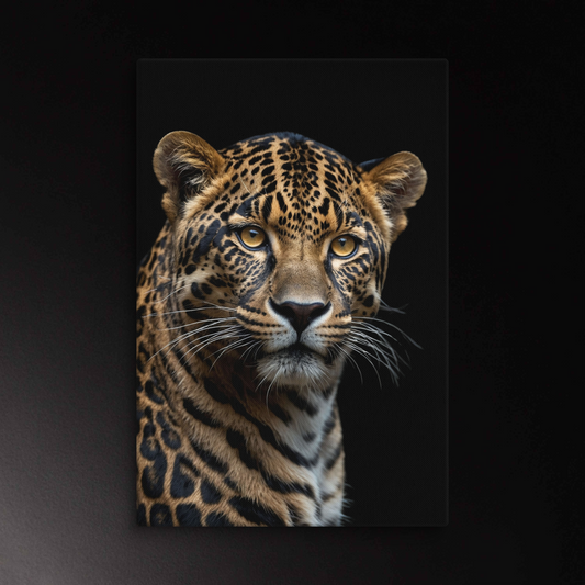 Leopard auf Leinwand mit intensivem Blick und klarer, ruhiger Ausstrahlung vor dunklem Hintergrund