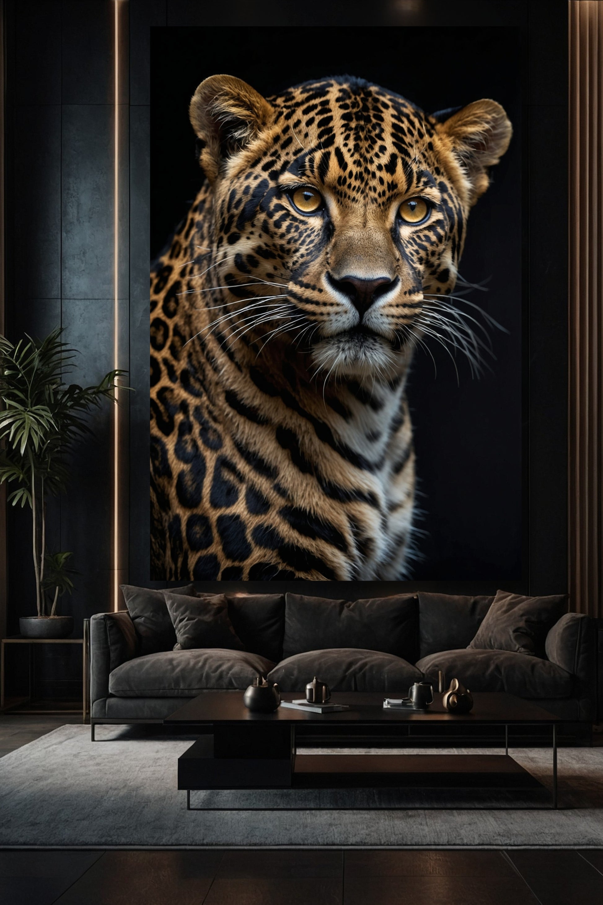 Leopard Leinwand in elegantem Wohnzimmer über einem Sofa an einer dunklen Wand 