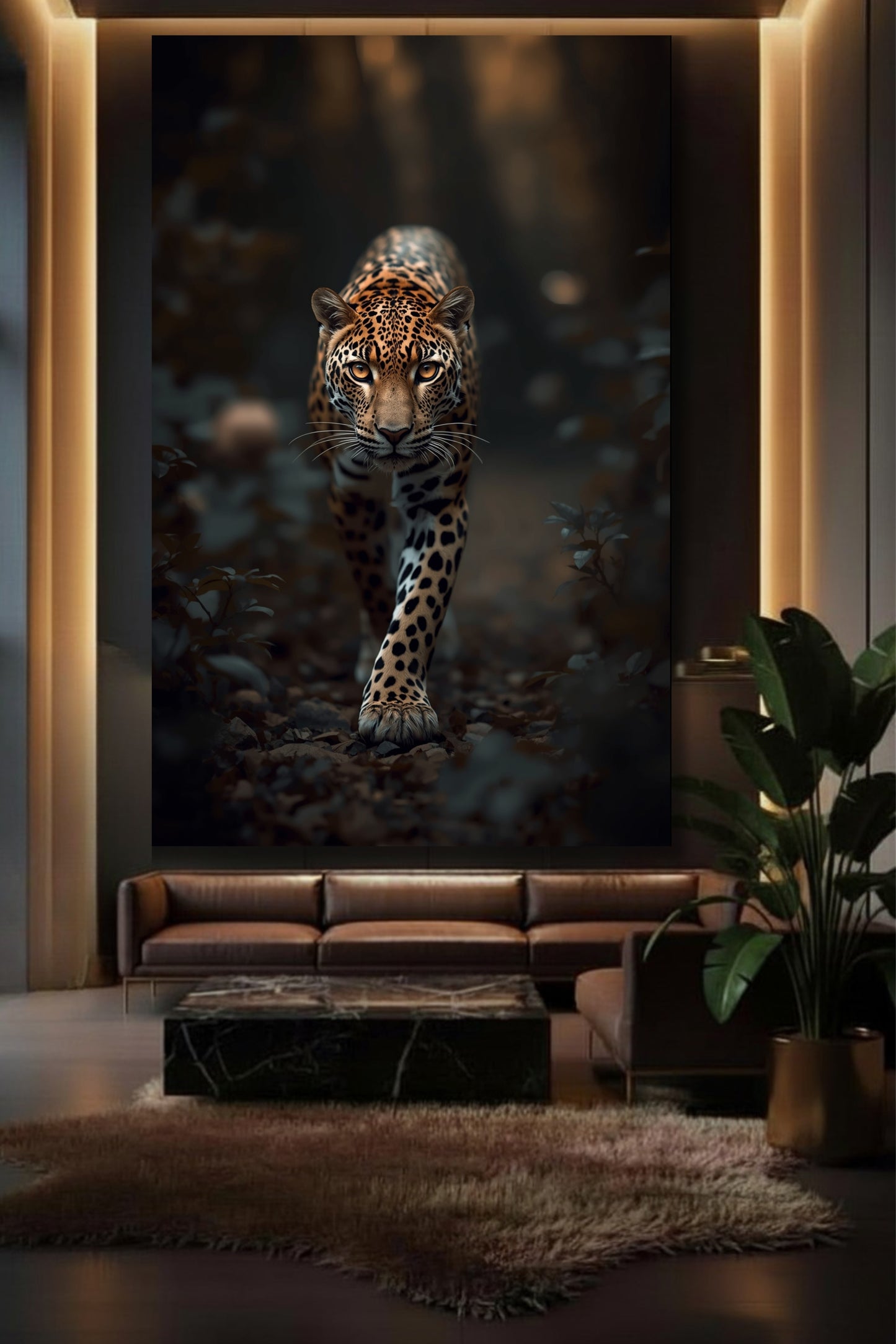 Leopard Leinwand in einem eleganten Wohnzimmer. Die warme Beleuchtung und das dunkle Interieur unterstreichen die edle Wirkung des Motivs