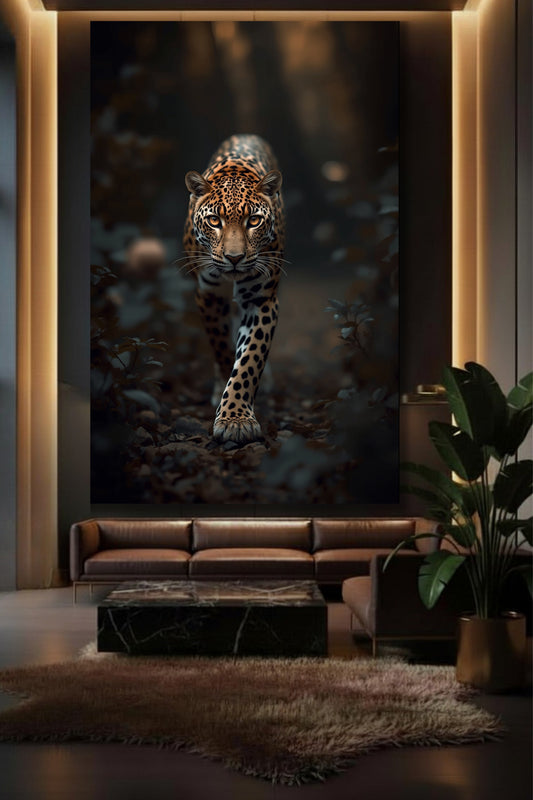 Leopard Leinwand in einem eleganten Wohnzimmer. Die warme Beleuchtung und das dunkle Interieur unterstreichen die edle Wirkung des Motivs