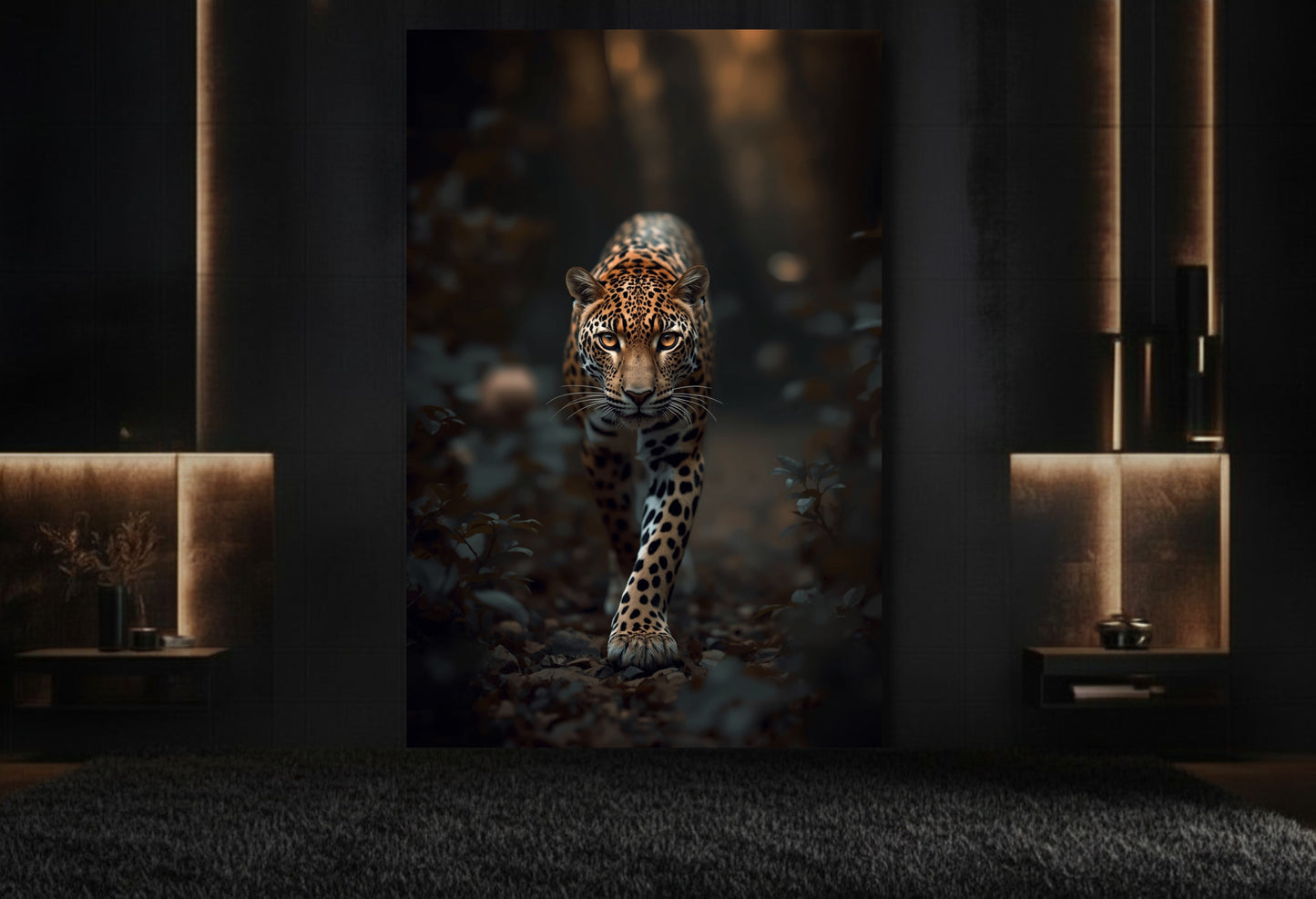 Leopard-Wandkunst auf Leinwand im Format 32x48 Zoll als luxuriöser Blickfang in einer eleganten Lounge mit dunklen Wänden, warmem Licht und stilvollem Interieur.