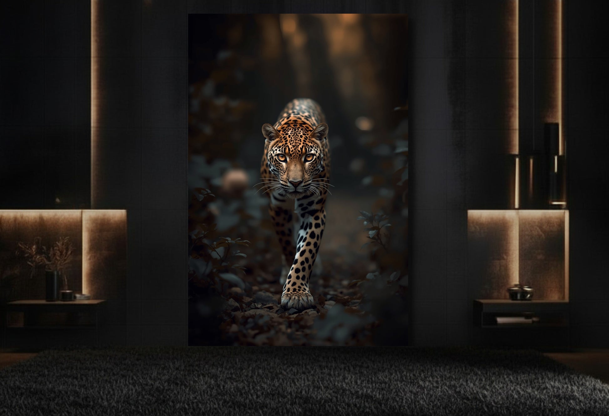 Leopard-Wandkunst auf Leinwand im Format 32x48 Zoll als luxuriöser Blickfang in einer eleganten Lounge mit dunklen Wänden, warmem Licht und stilvollem Interieur.