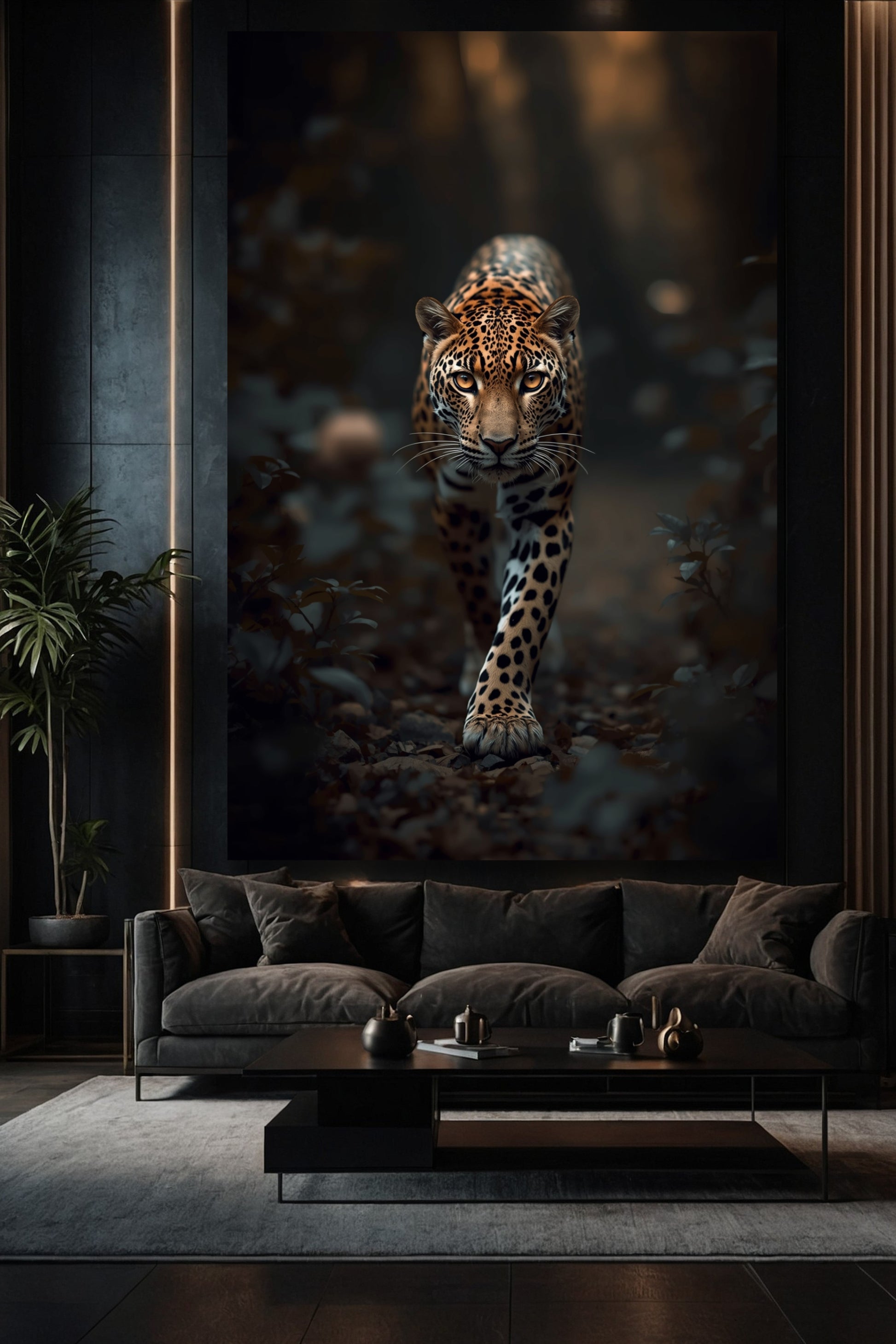 Leopard-Wandkunst auf Leinwand im Format 32x48 Zoll in einem stilvollen Wohnzimmer. Die warme Beleuchtung und das moderne Interieur un.terstreichen die edle Wirkung des Motivs