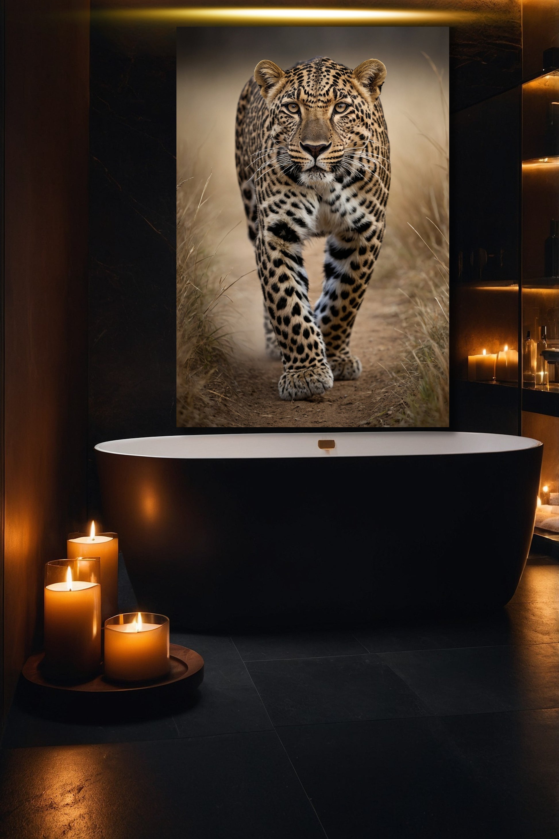 Leopard Wandkunst auf Leinwand 40x60 Zoll in luxuriösem Badezimmer mit freistehender Badewanne und Kerzenlicht
