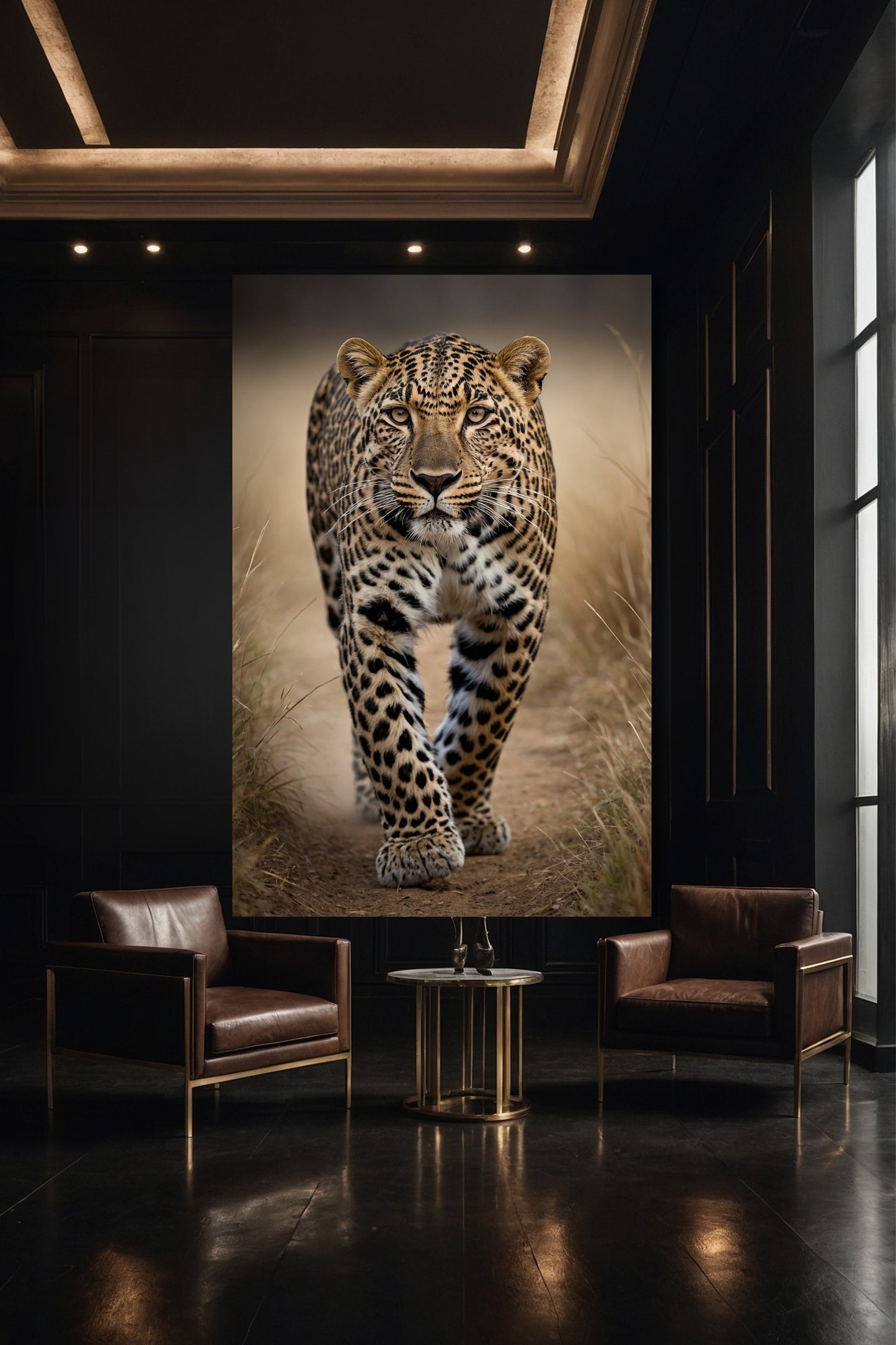 Großes Leopard Wandbild 40x60 Zoll in eleganter Galerie mit dunkler Wand und minimalistischer Einrichtung