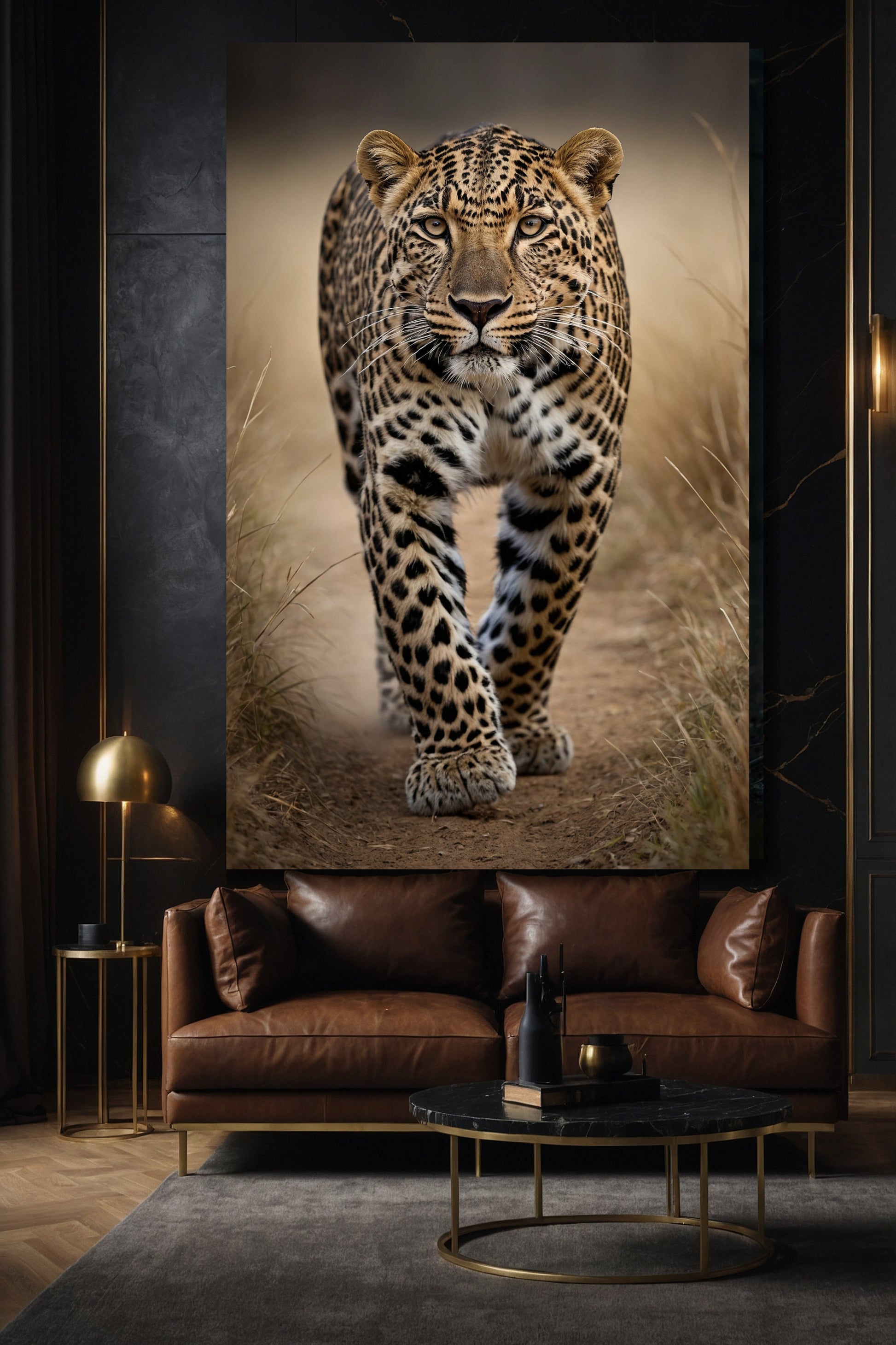 Leopard Leinwandbild 40x60 Zoll in elegantem Wohnzimmer mit dunkler Wand, Ledersofa und warmem Licht