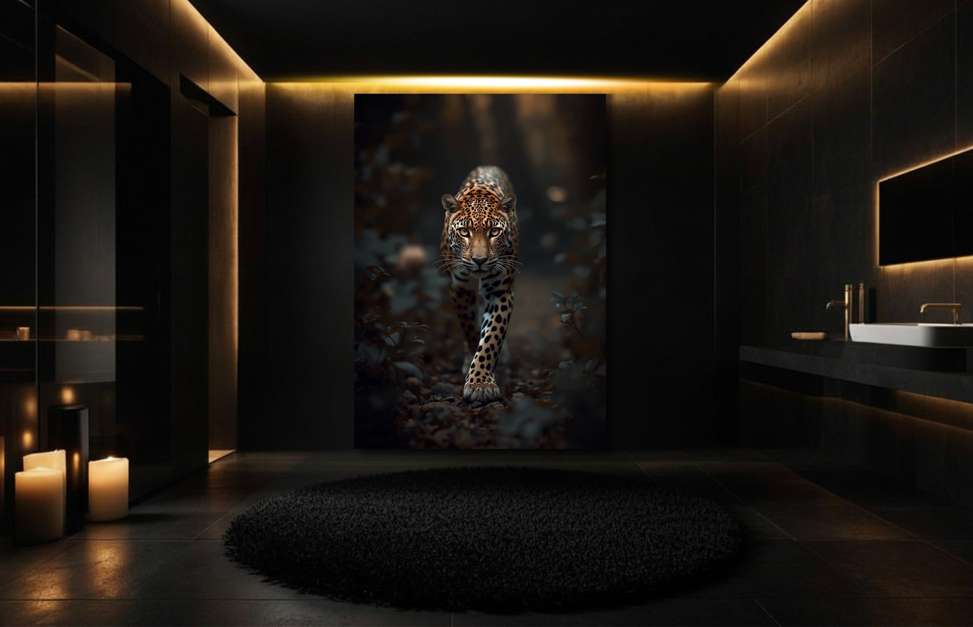 Leopard Leinwand in einem luxuriösen Badezimmer mit stimmungsvoller Beleuchtung und exklusiver Atmosphäre