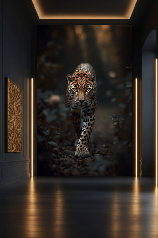 Leopard Leinwand in einer eleganten Galerie mit gezielter Beleuchtung, die die Tiefe, Eleganz und Detailtreue des Motivs hervorhebt.
