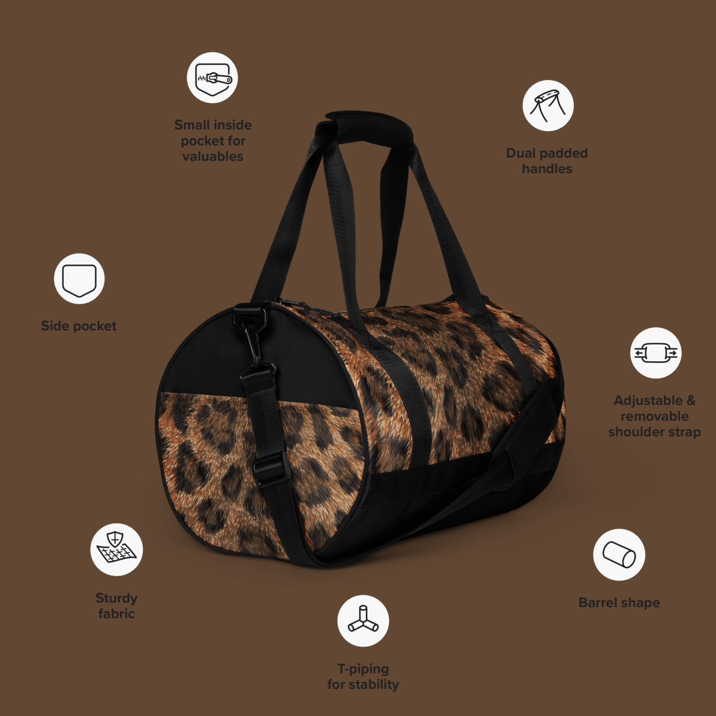 Sporttasche mit Leopardenmuster und Übersicht zu Trägern, Seitenfach und stabiler Barrel-Form