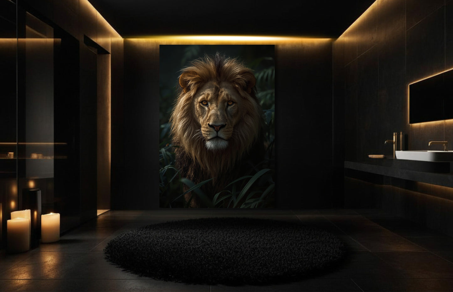 Löwe Leinwand in stilvollem Badezimmer mit warmer Lichtführung und eleganter Atmosphäre