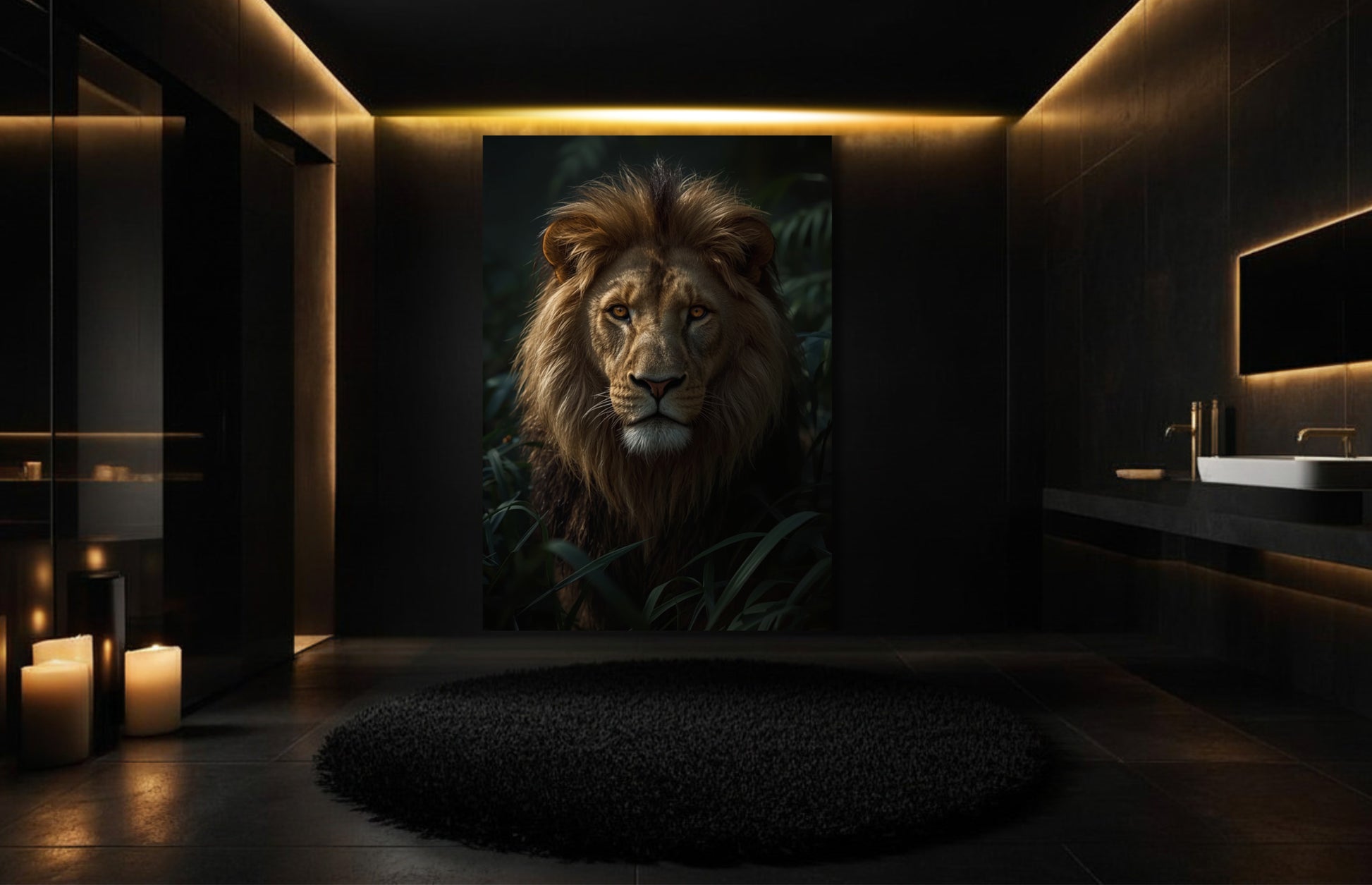 Löwe Leinwand in stilvollem Badezimmer mit warmer Lichtführung und eleganter Atmosphäre
