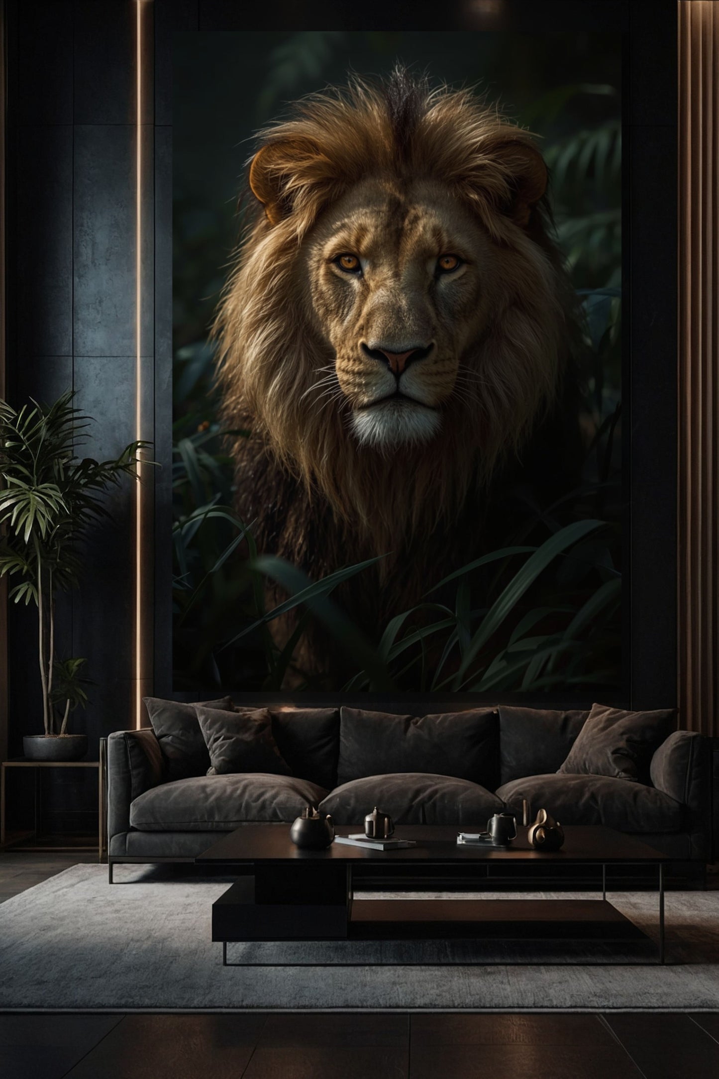 Löwe Leinwand im Wohnzimmer über Sofa mit dunkler Wand und eleganter Lichtstimmung