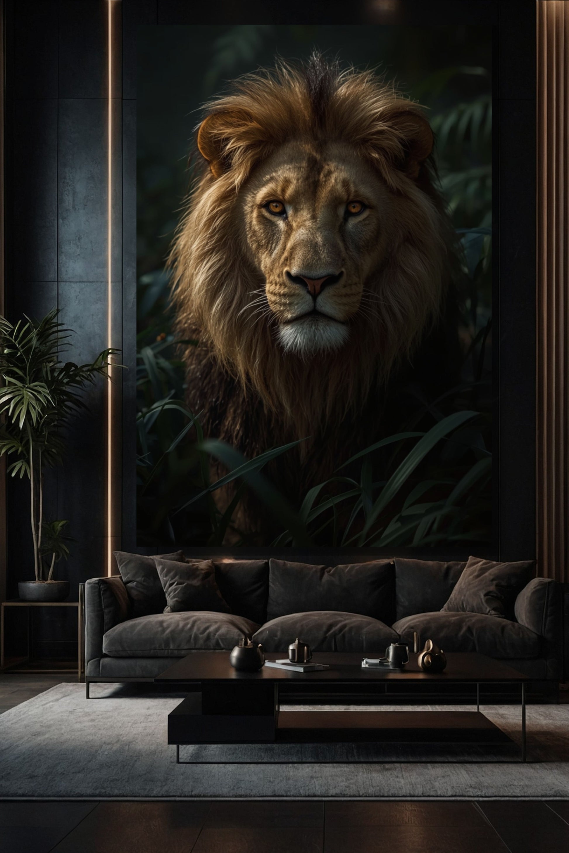 Löwe Leinwand im Wohnzimmer über Sofa mit dunkler Wand und eleganter Lichtstimmung