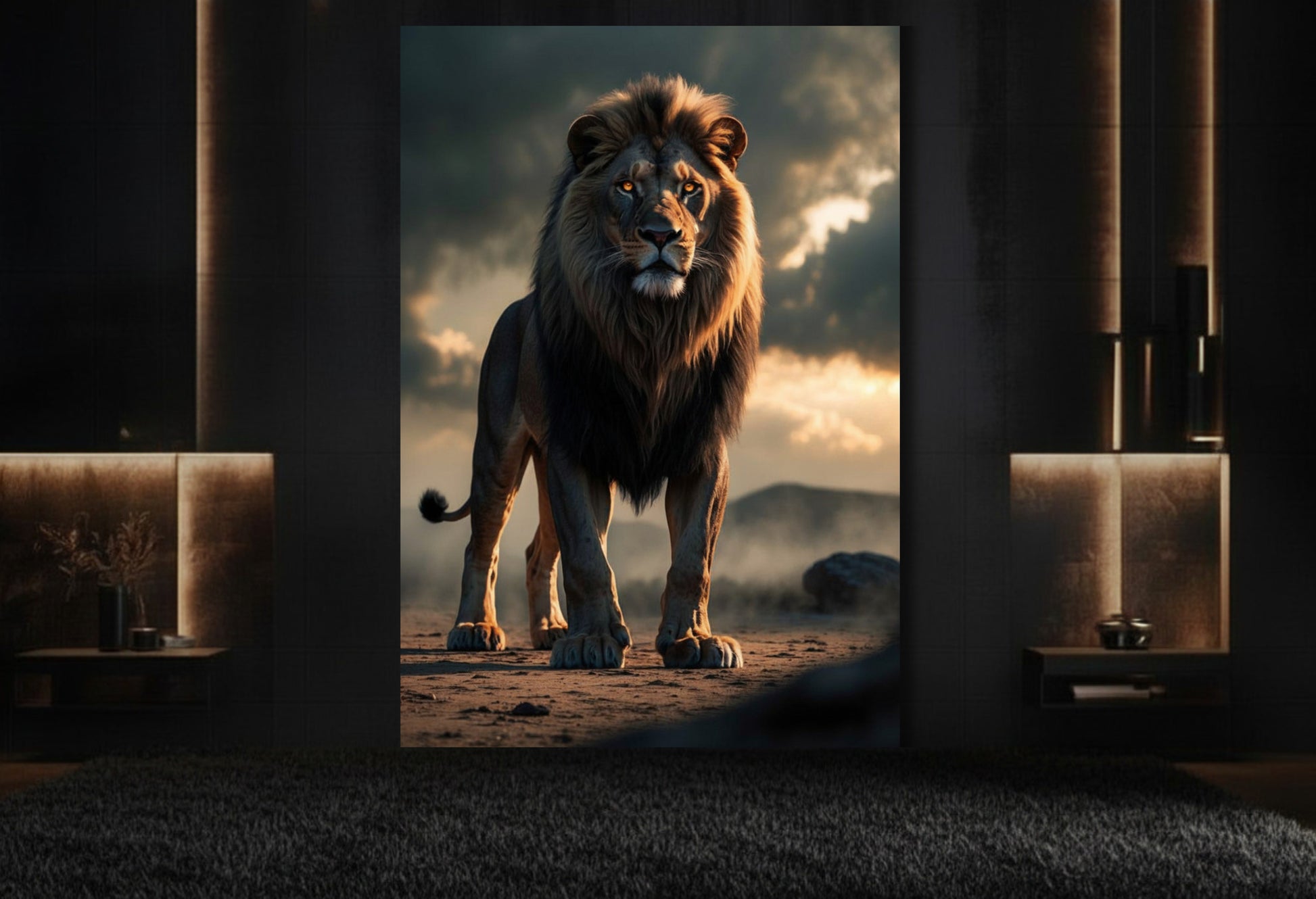 Löwe Leinwandbild 32x48 Zoll im modernen Lounge Raum mit dunklem Interior