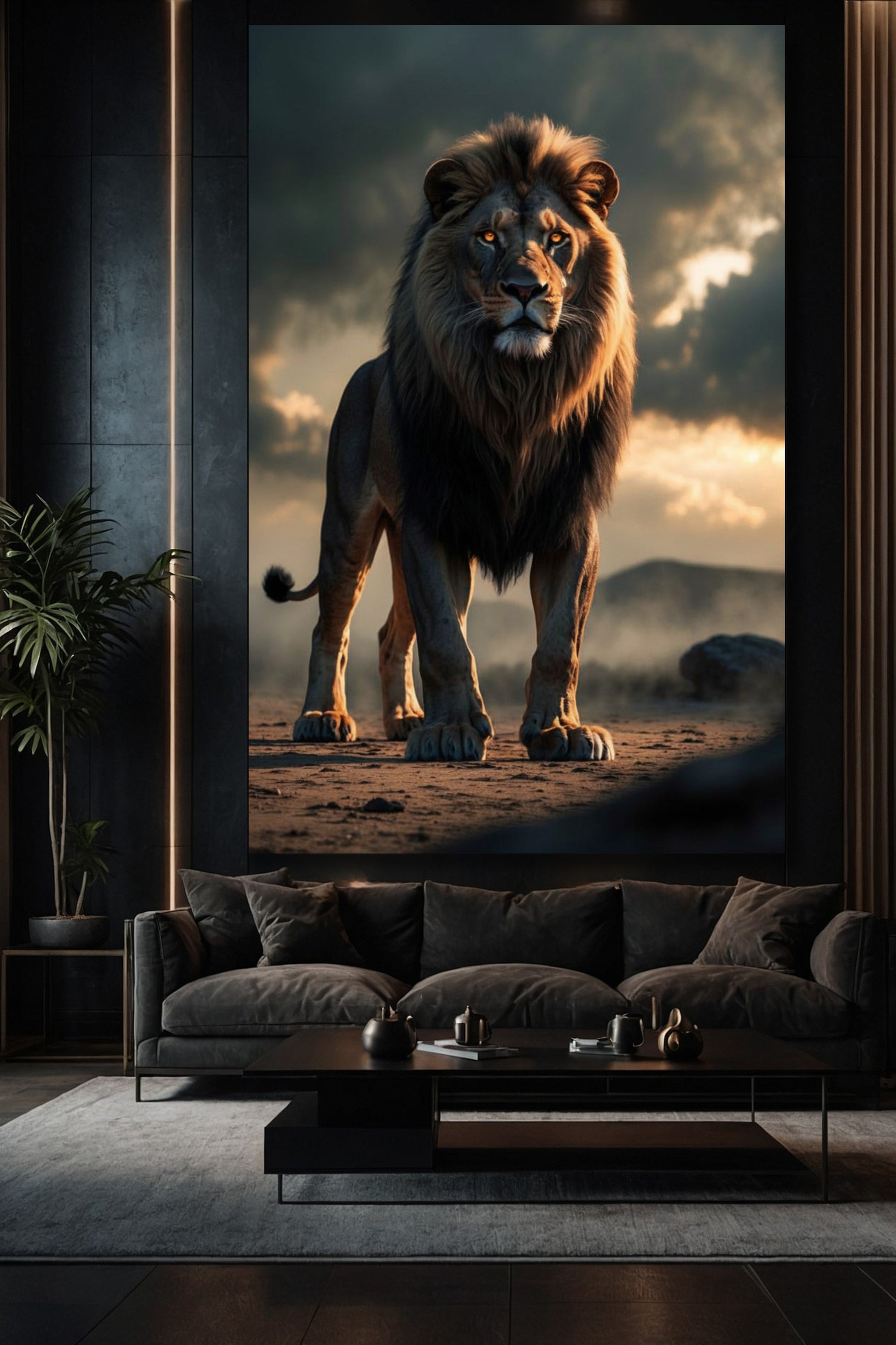 Großformatige Löwe Leinwand 32x48 Zoll über Sofa im eleganten Wohnzimmer