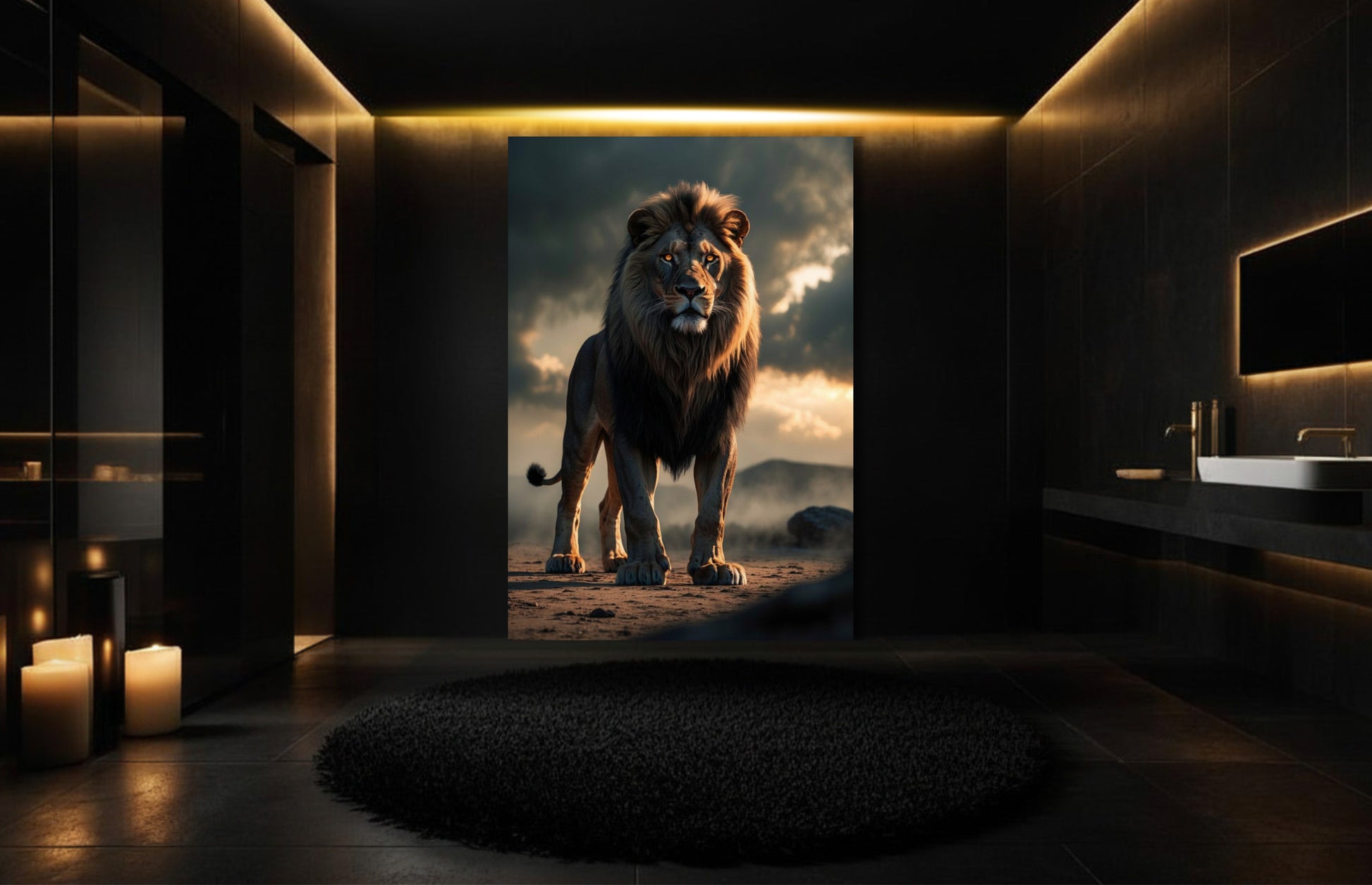 Löwe Wandkunst auf Leinwand 32x48 Zoll im stilvollen Badezimmer mit warmem Licht
