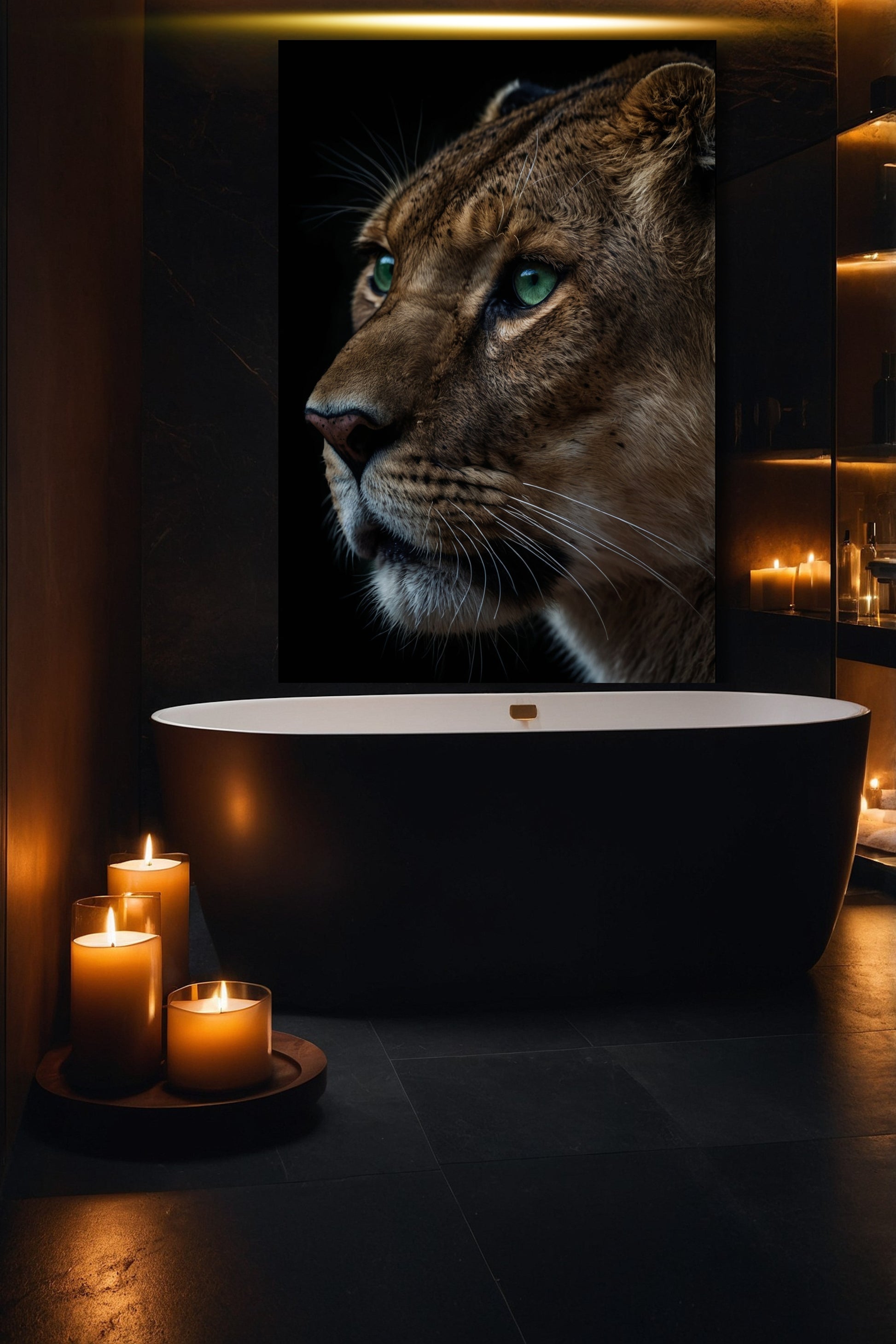 Löwin Profil mit grünen Augen auf Leinwand in luxuriösem Badezimmer mit Kerzenlicht