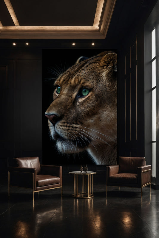 Löwin im Profil mit grünen Augen als Leinwand in eleganter Galerie Umgebung mit gezielter Beleuchtung