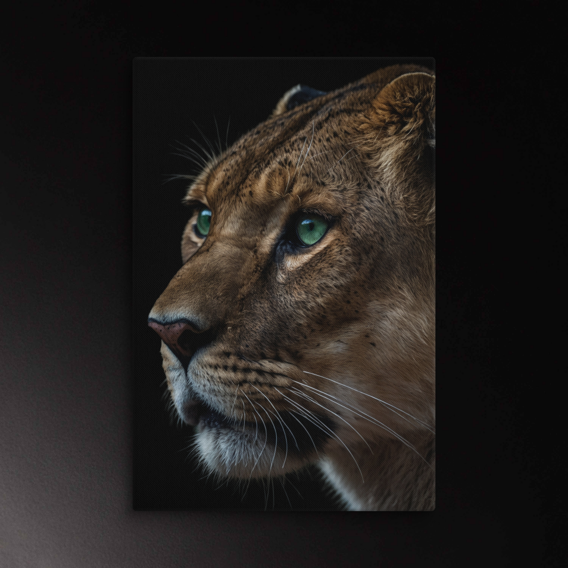 Löwin im Profil mit grünen Augen als Leinwand Wandkunst 
