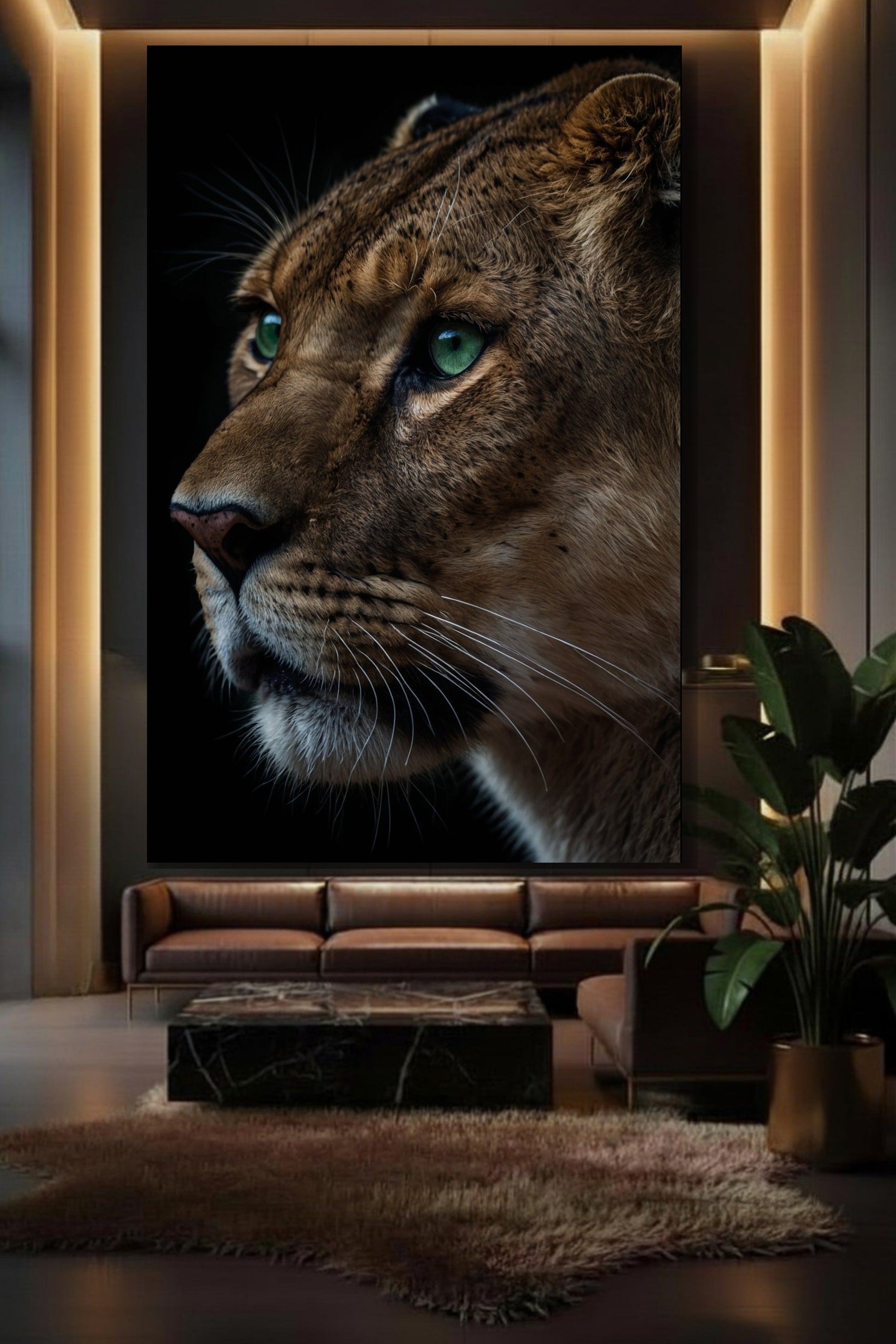 Löwin im Profil mit grünen Augen als Leinwand in elegantem Wohnzimmer mit braunem Ledersofa und dunkler Wand