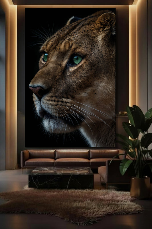 Löwin im Profil mit grünen Augen als Leinwand in elegantem Wohnzimmer mit braunem Ledersofa und dunkler Wand