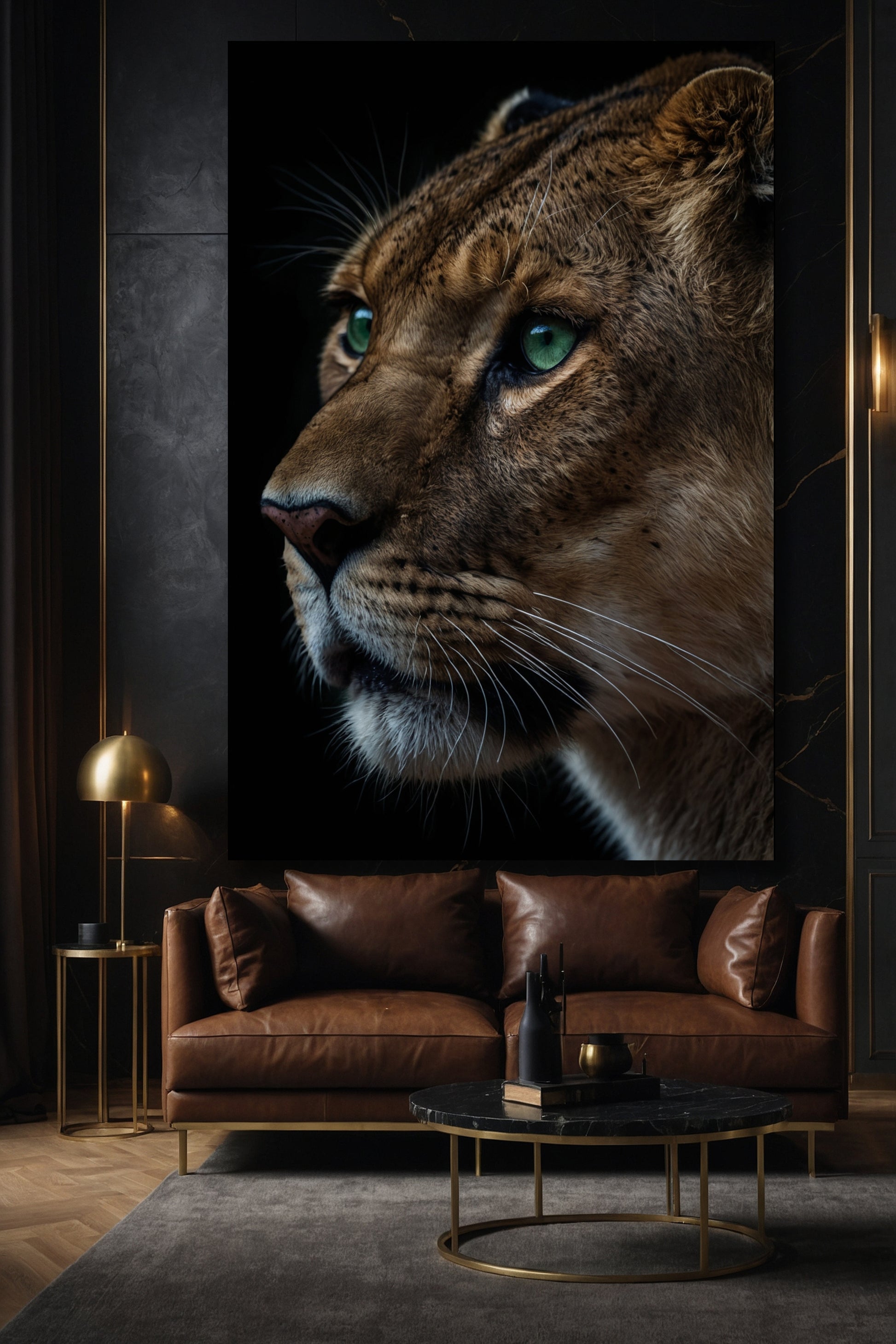 Löwin im Profil mit grünen Augen als Leinwand in modernem Wohnzimmer mit braunem Ledersofa und dunkler Wand