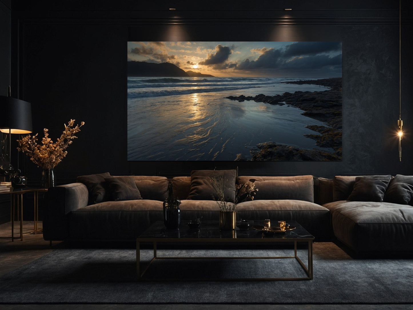 Großformatiges Poster einer Meereslandschaft mit ruhigem Meer über Sofa in stilvollem Wohnzimmer mit dunkler Einrichtung