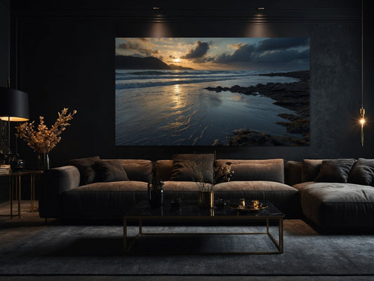 Großformatiges Poster einer Meereslandschaft mit ruhigem Meer über Sofa in stilvollem Wohnzimmer mit dunkler Einrichtung