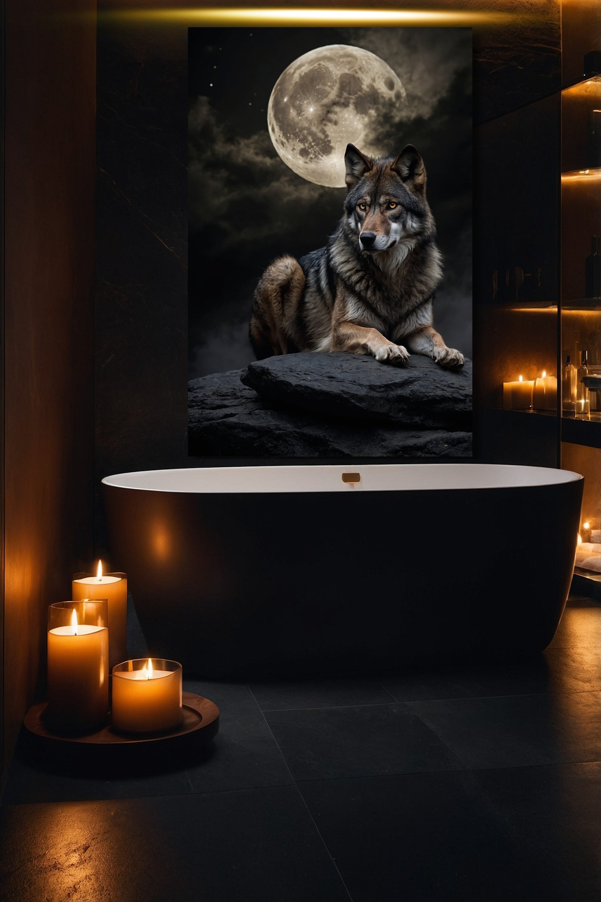 Mondwolf Wandkunst auf Leinwand im Format 40x60 Zoll über freistehender Badewanne mit Kerzenlicht und luxuriöser Spa-Atmosphäre