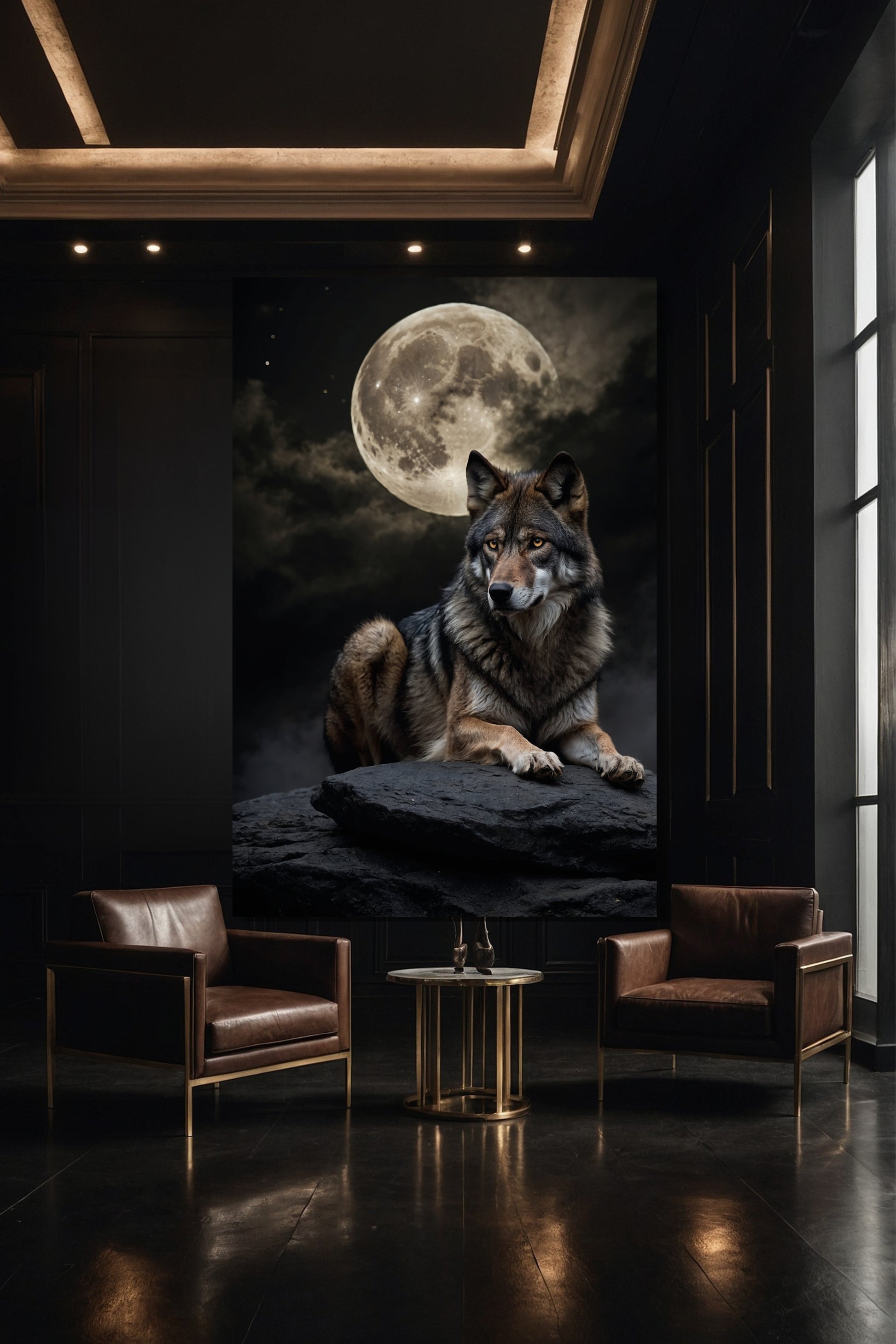 Großformatige Mondwolf Leinwand 40x60 Zoll in moderner Galerie mit dunklem Raumdesign und ruhiger Bildwirkung