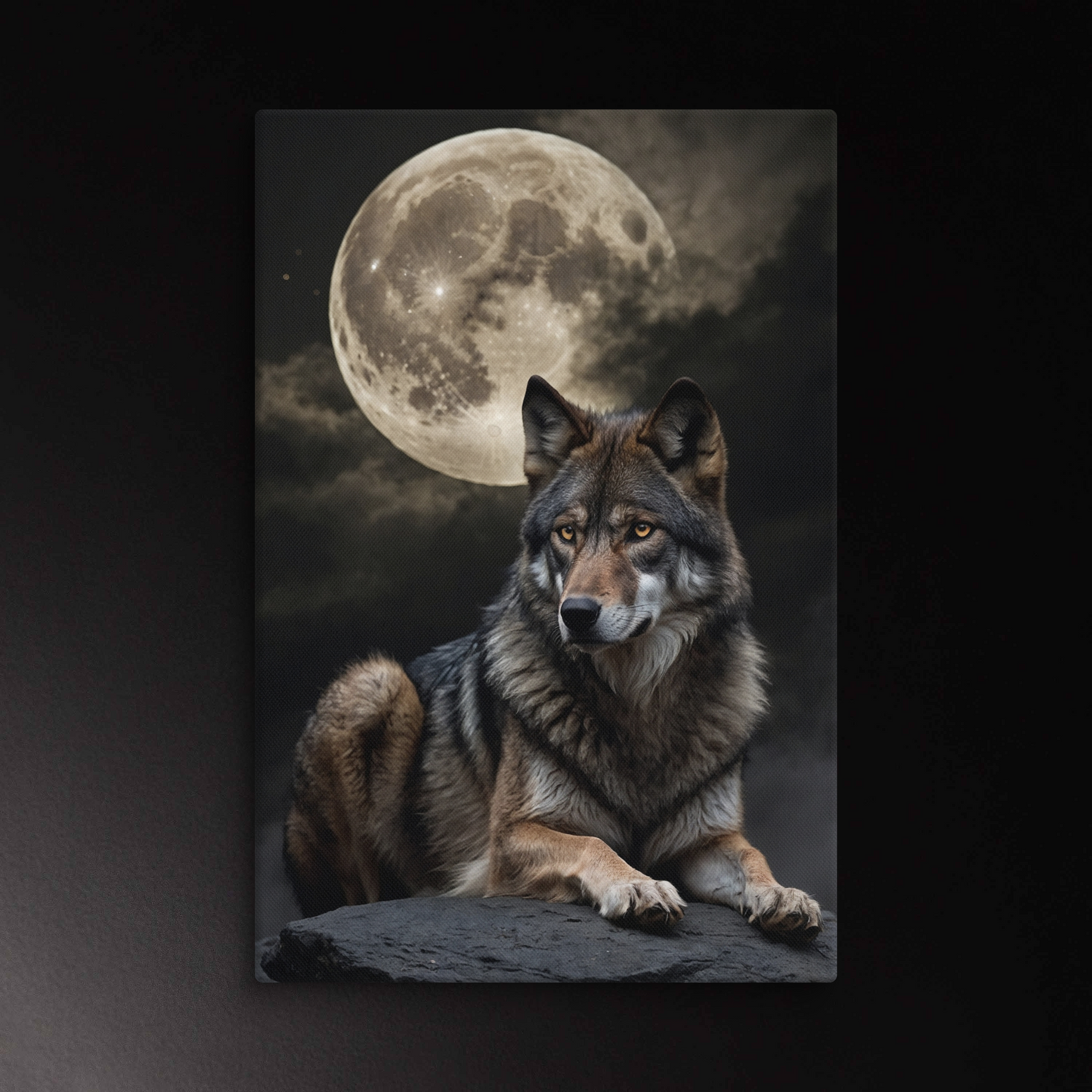 Majestätischer Wolf unter dem Vollmond als Wandkunst auf Leinwand im Format 40x60 Zoll mit ruhiger, klarer Ausstrahlung
