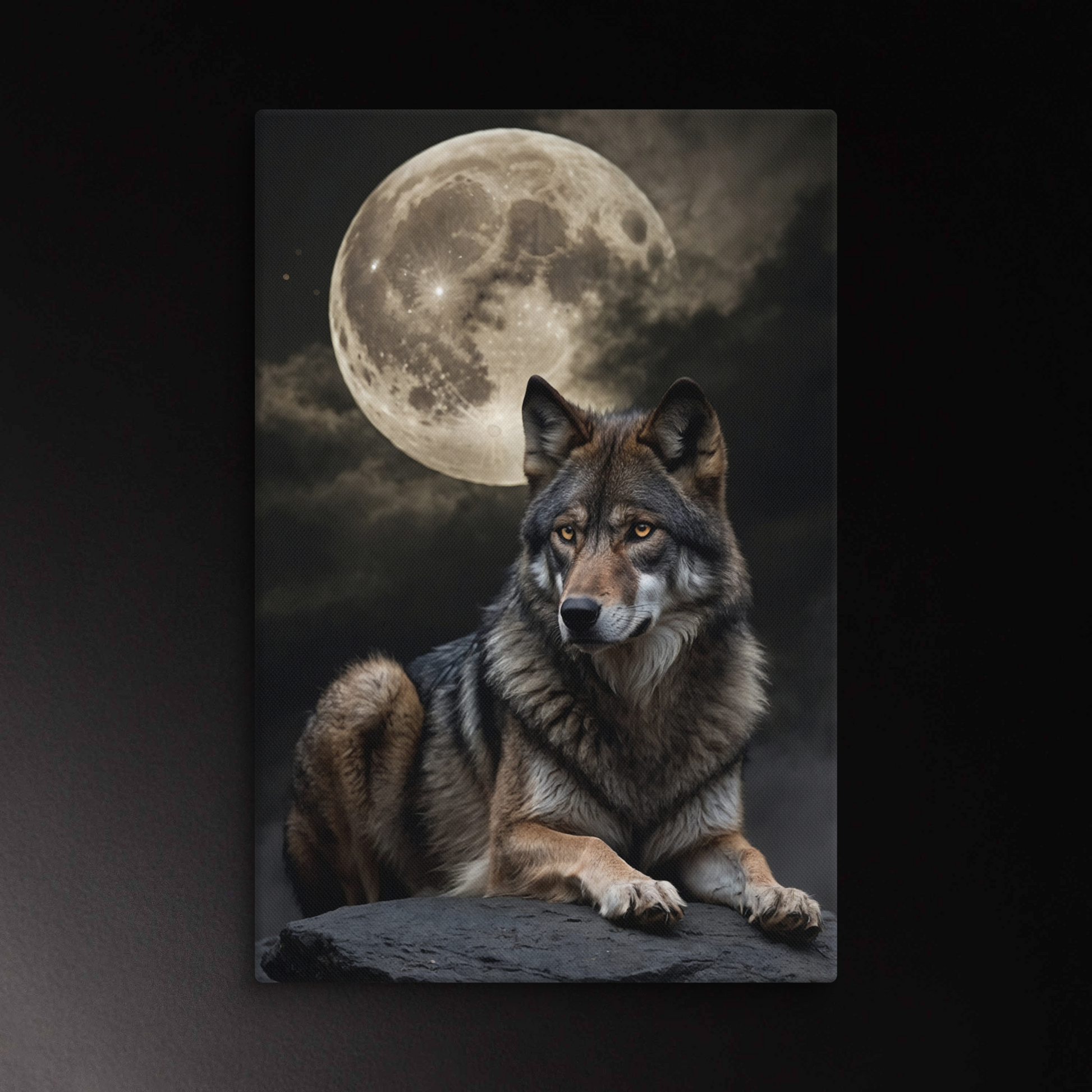 Majestätischer Wolf unter dem Vollmond als Wandkunst auf Leinwand im Format 40x60 Zoll mit ruhiger, klarer Ausstrahlung