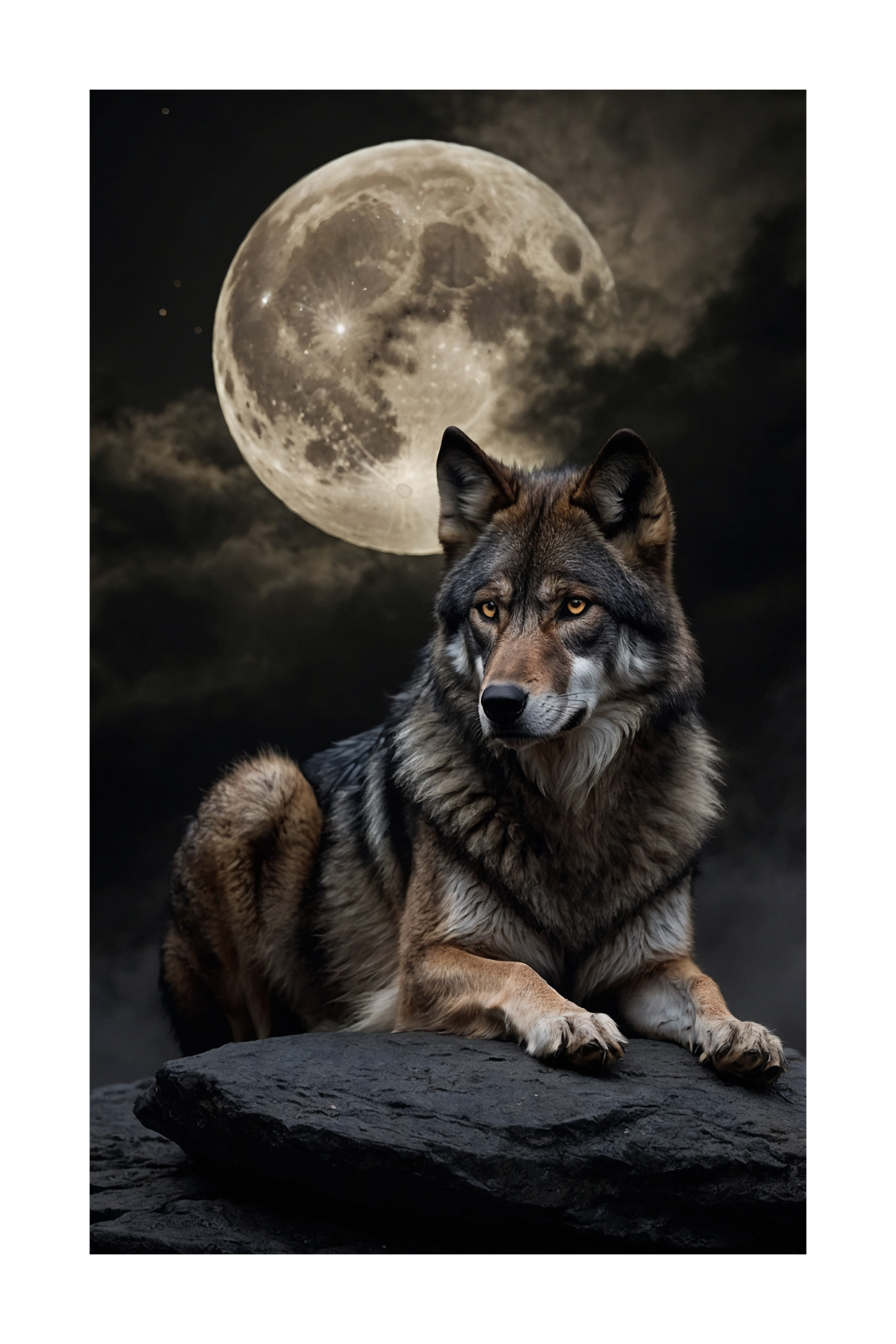 Freigestellter Mondwolf auf Felsen vor Vollmond als Motiv für hochwertige Wandkunst Leinwand im Format 40x60 Zoll