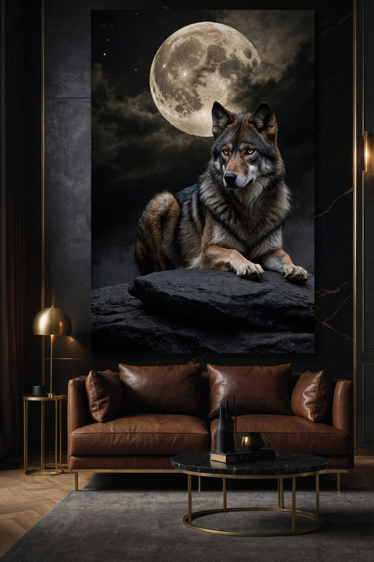 Mondwolf Wandkunst auf Leinwand 40x60 Zoll über braunem Ledersofa in stilvollem Wohnzimmer mit warmem Licht und eleganter Atmosphäre