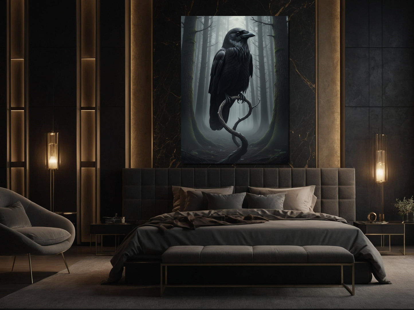 Mystische Nebelkrähe als ruhiges Poster im Schlafzimmer – sanfte Nebelstrukturen, dunkle Eleganz und beruhigende Atmosphäre