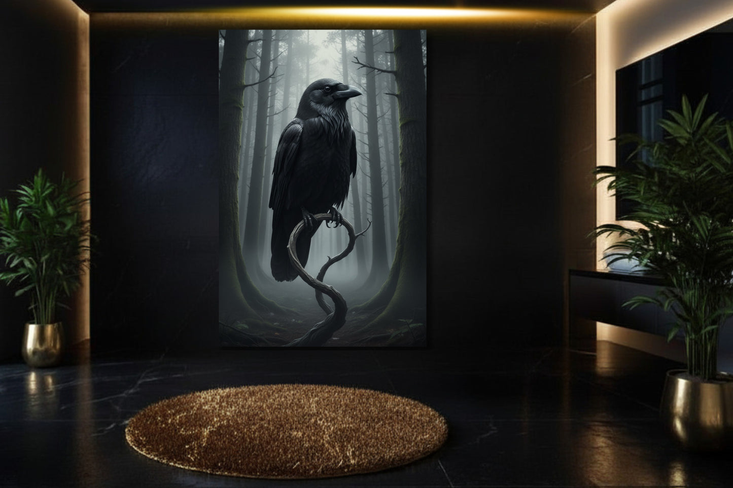 Mystische Nebelkrähe als ruhiges Poster in stilvollem Badezimmer an dunkler Wand – sanfte Nebelstrukturen, dunkle Eleganz und ausdruckstarke Atmosphäre