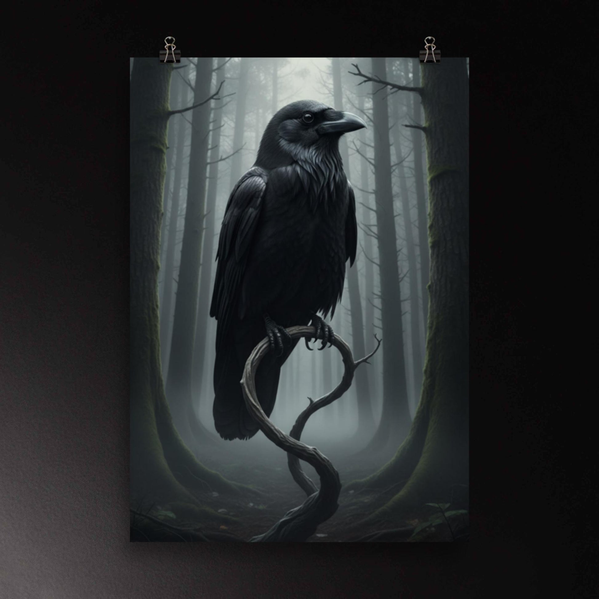 Detailreiches Poster einer Nebelkrähe auf geschwungenem Ast im düsteren Wald – feine Federstruktur, starke Tiefenwirkung und cineastische Lichtstimmung