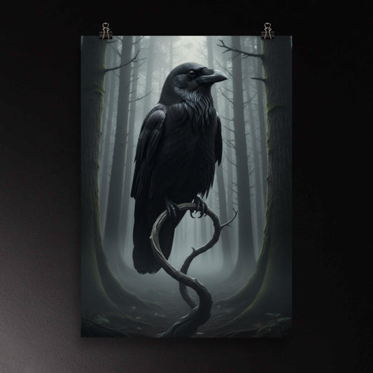 Detailreiches Poster einer Nebelkrähe auf geschwungenem Ast im düsteren Wald – feine Federstruktur, starke Tiefenwirkung und cineastische Lichtstimmung
