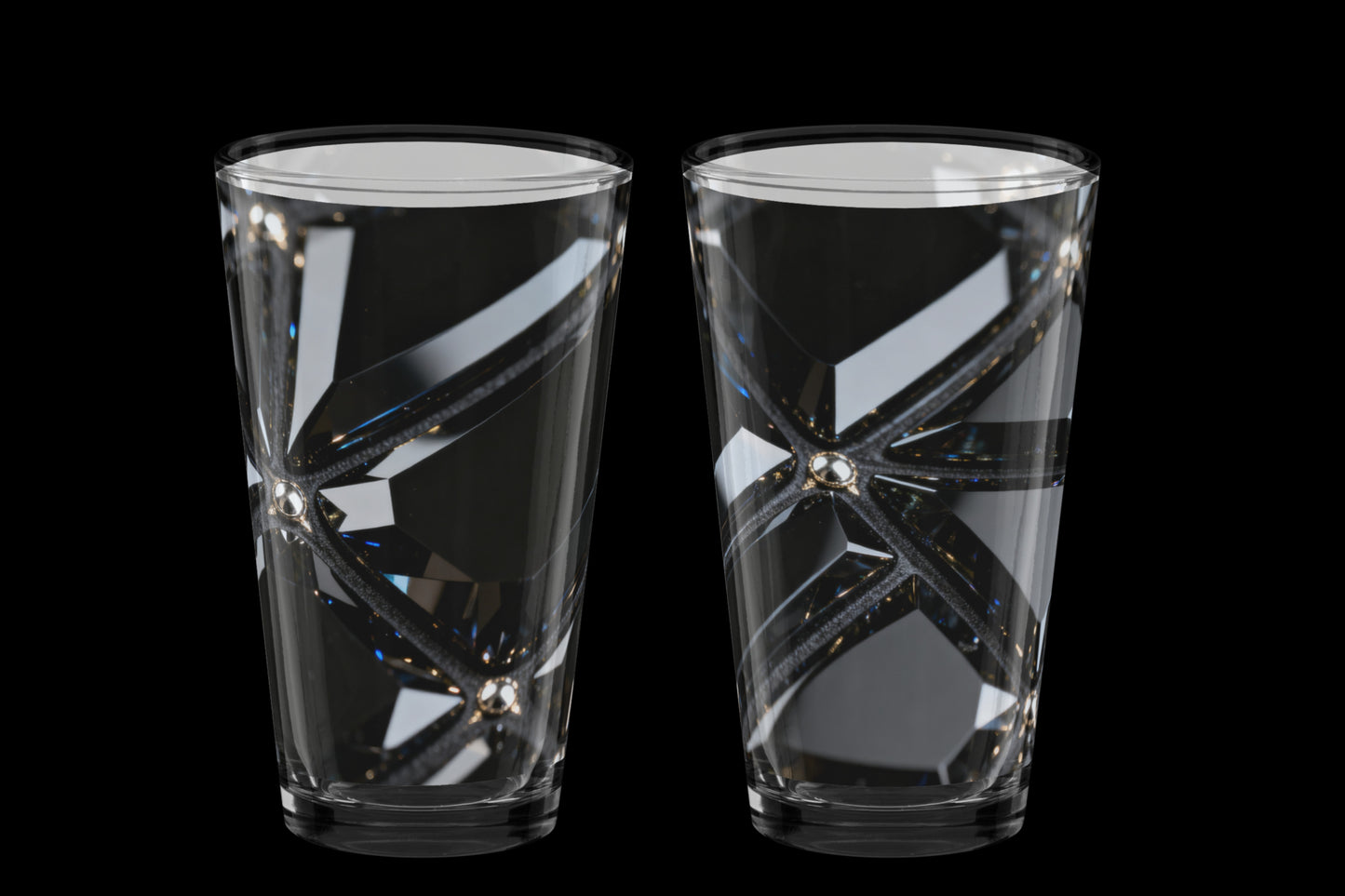 Zwei luxuriöse Obsidian Gläser mit facettierter Kristalloptik und tiefschwarzer Oberfläche