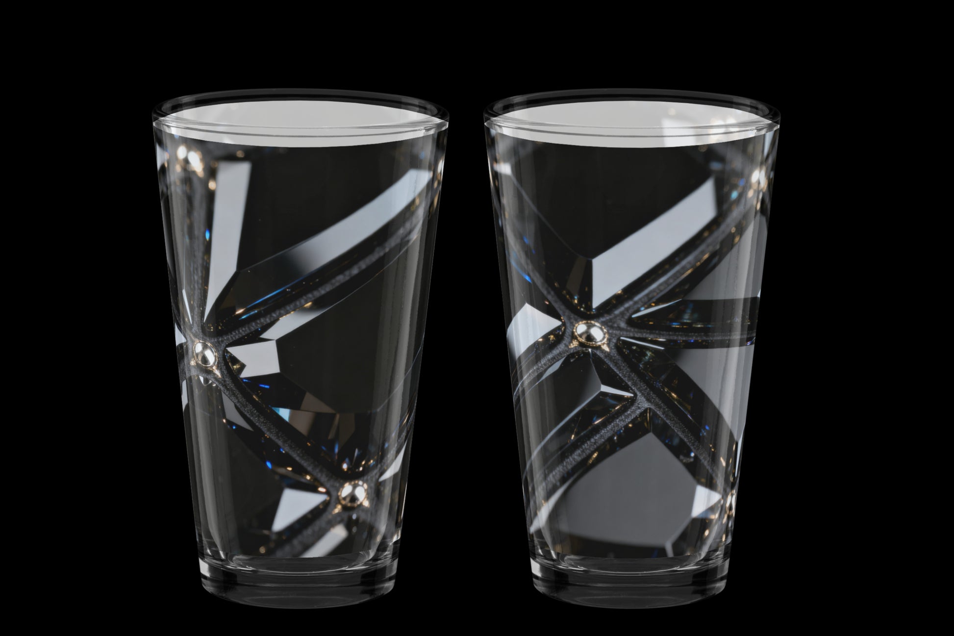 Zwei luxuriöse Obsidian Gläser mit facettierter Kristalloptik und tiefschwarzer Oberfläche