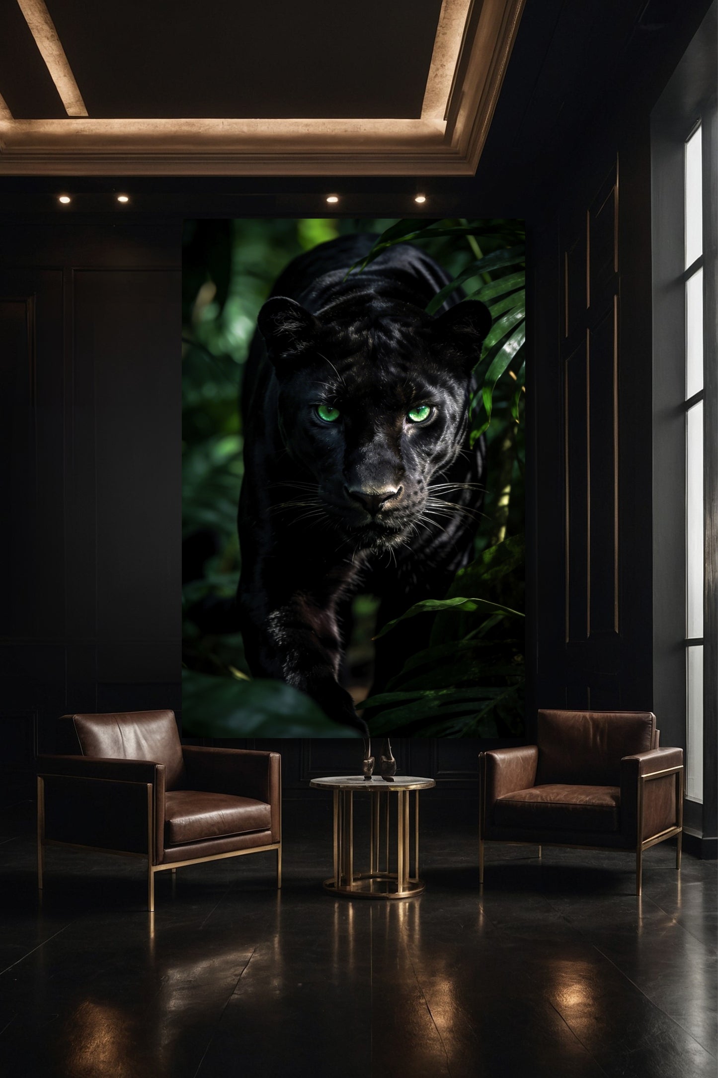 Panther auf Leinwand in eleganter Galerie – großformatiges Tiermotiv mit cineastischer Wirkung