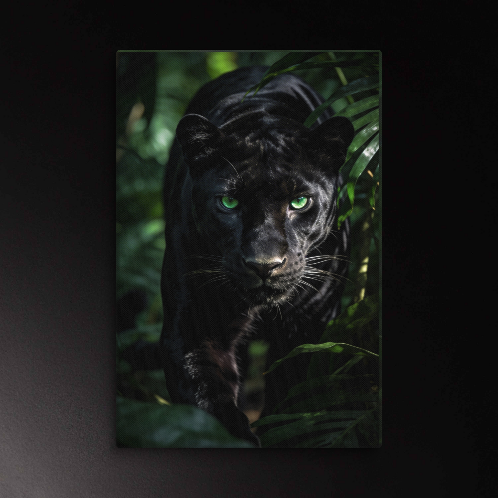 Schwarzer Panther im dichten Dschungel mit intensivem Blick auf Leinwand 