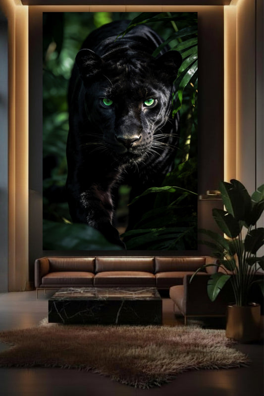 Panther Leinwand im Wohnzimmer – dunkles Interieur mit intensiver Lichtstimmung und grünen Akzenten