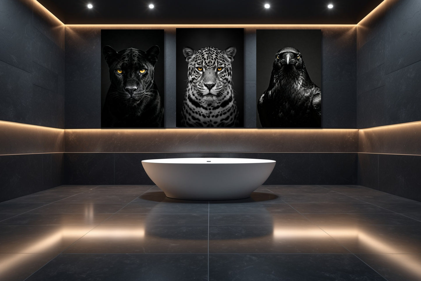 3er Set aus Panther Jaguar und Rabe als elegante Wandkunst im Badezimmer