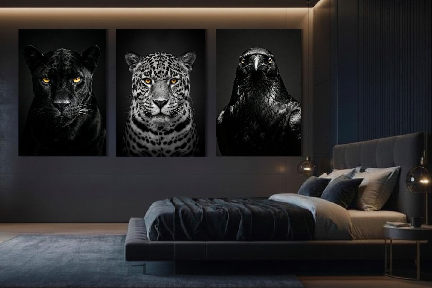 Leinwand Set mit Panther Jaguar und Rabe im Schlafzimmer mit ruhiger Bildwirkung